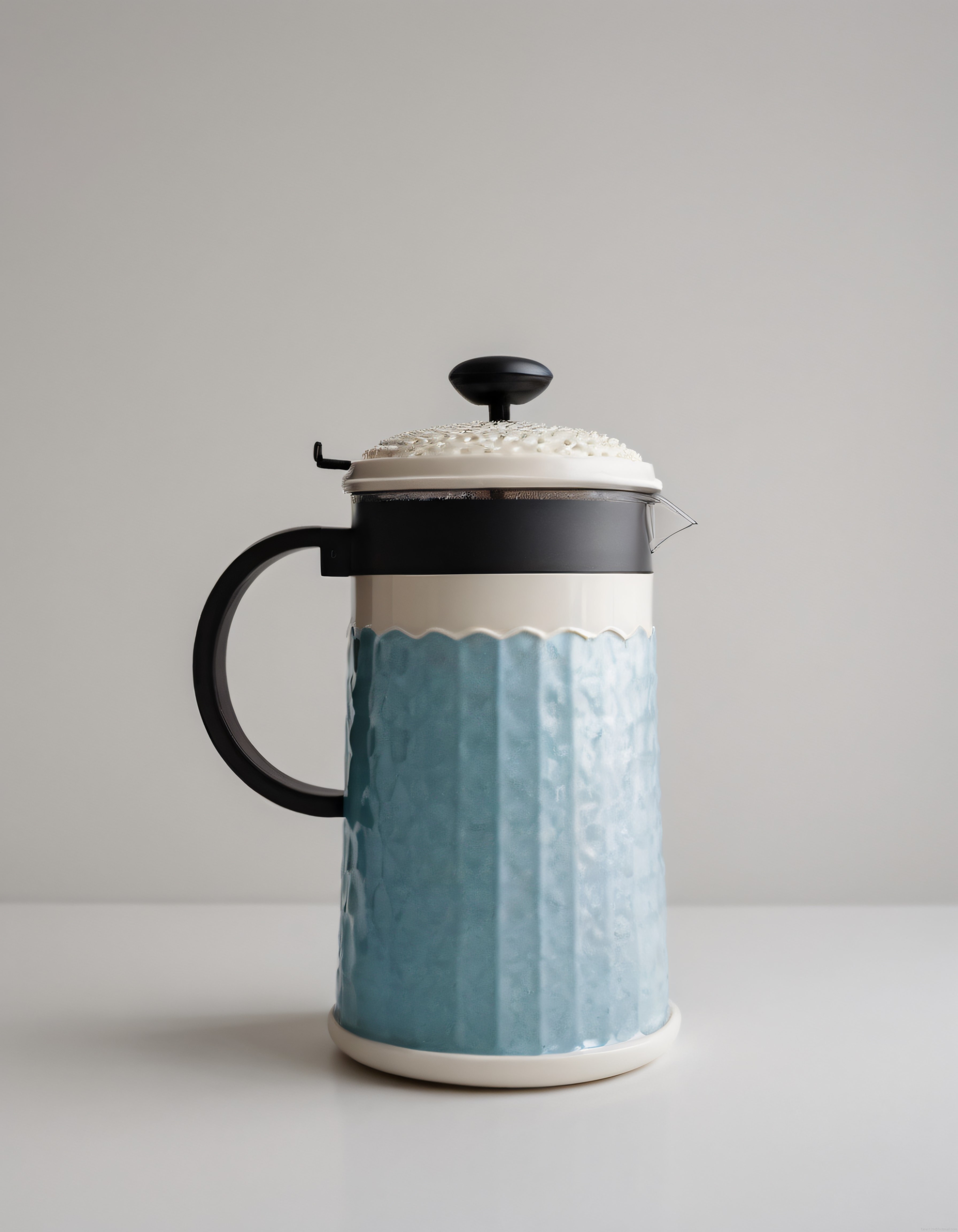 evde barista deneyimi mavi beyaz seramik kaplama french press kahve demliği
