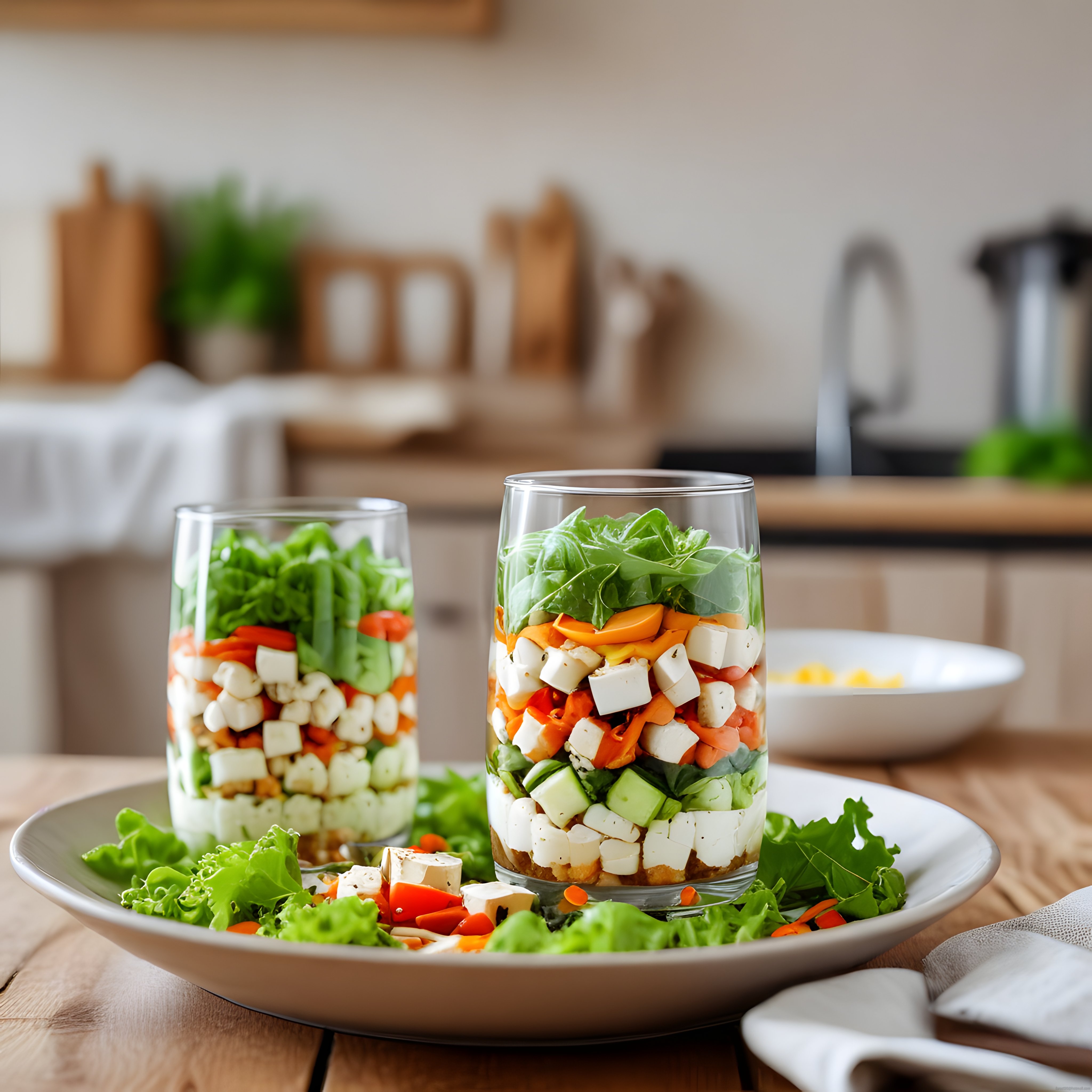 Evde Kolayca Hazırlanabilir Cam Kapta Katmanlı Peynirli Salata Sunumu
