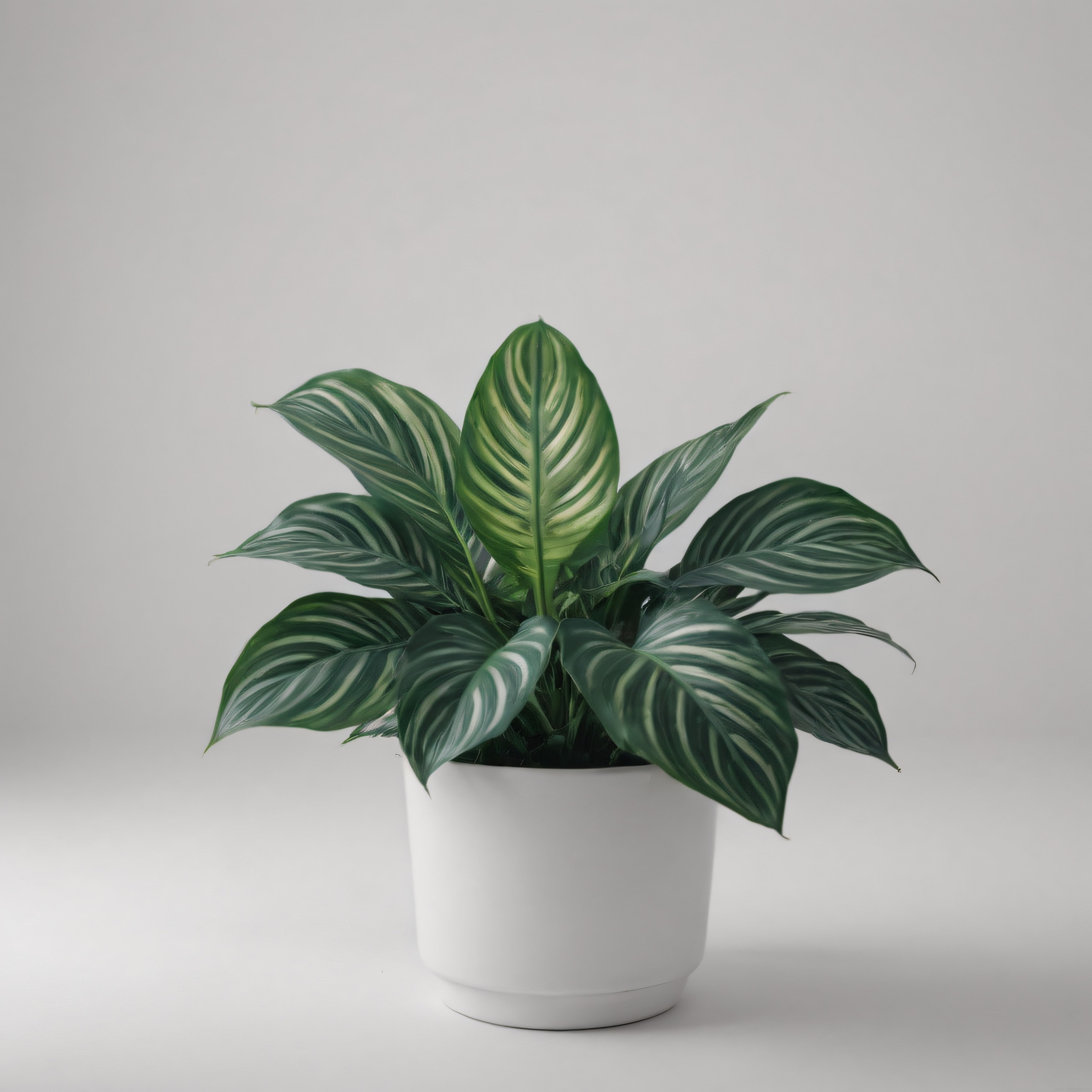 Evinize ferahlık katacak beyaz saksıda desenli yapraklı calathea bitkisi