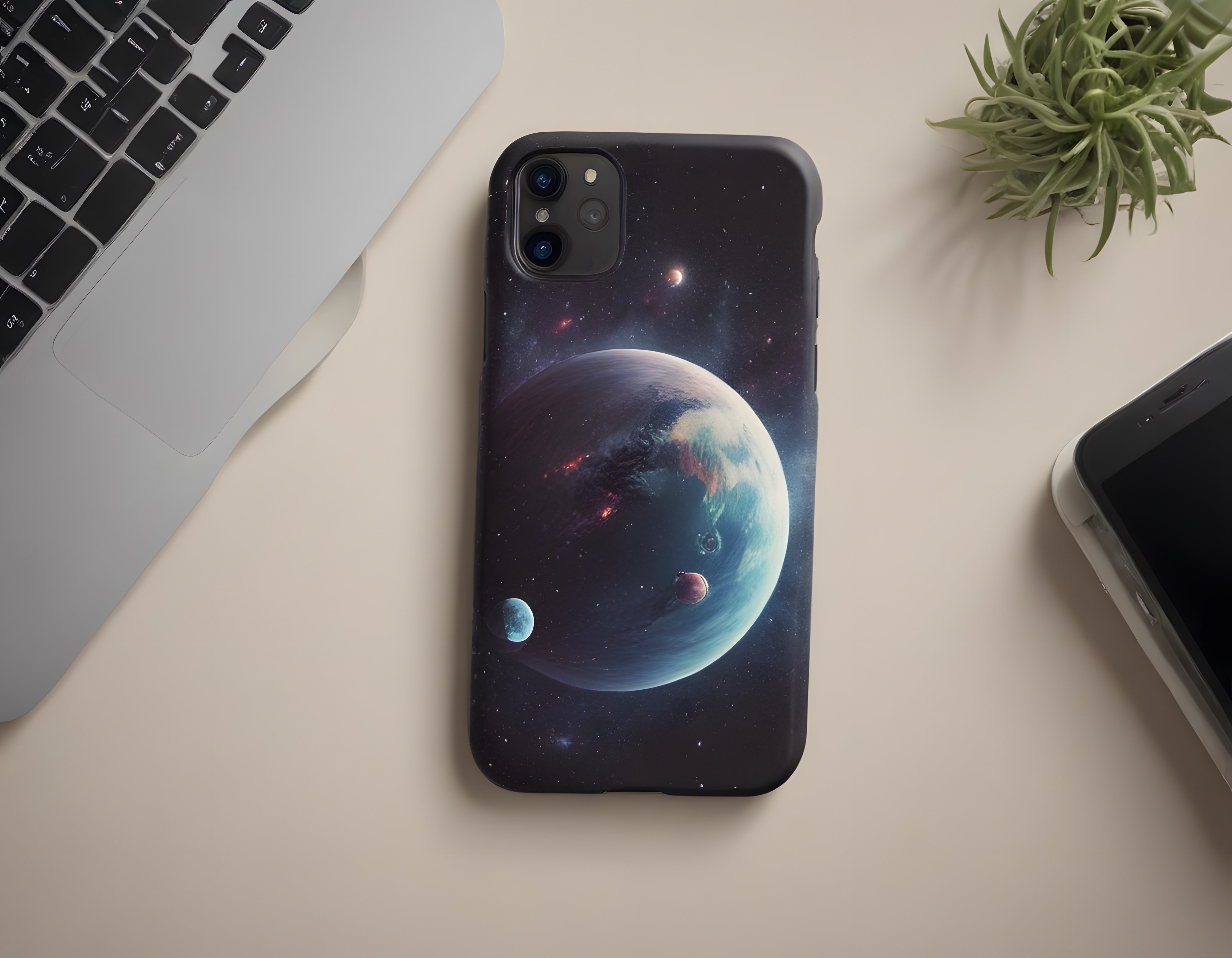 Evren Temalı Telefon Kılıfı ve Modern Çalışma Masası Konsepti