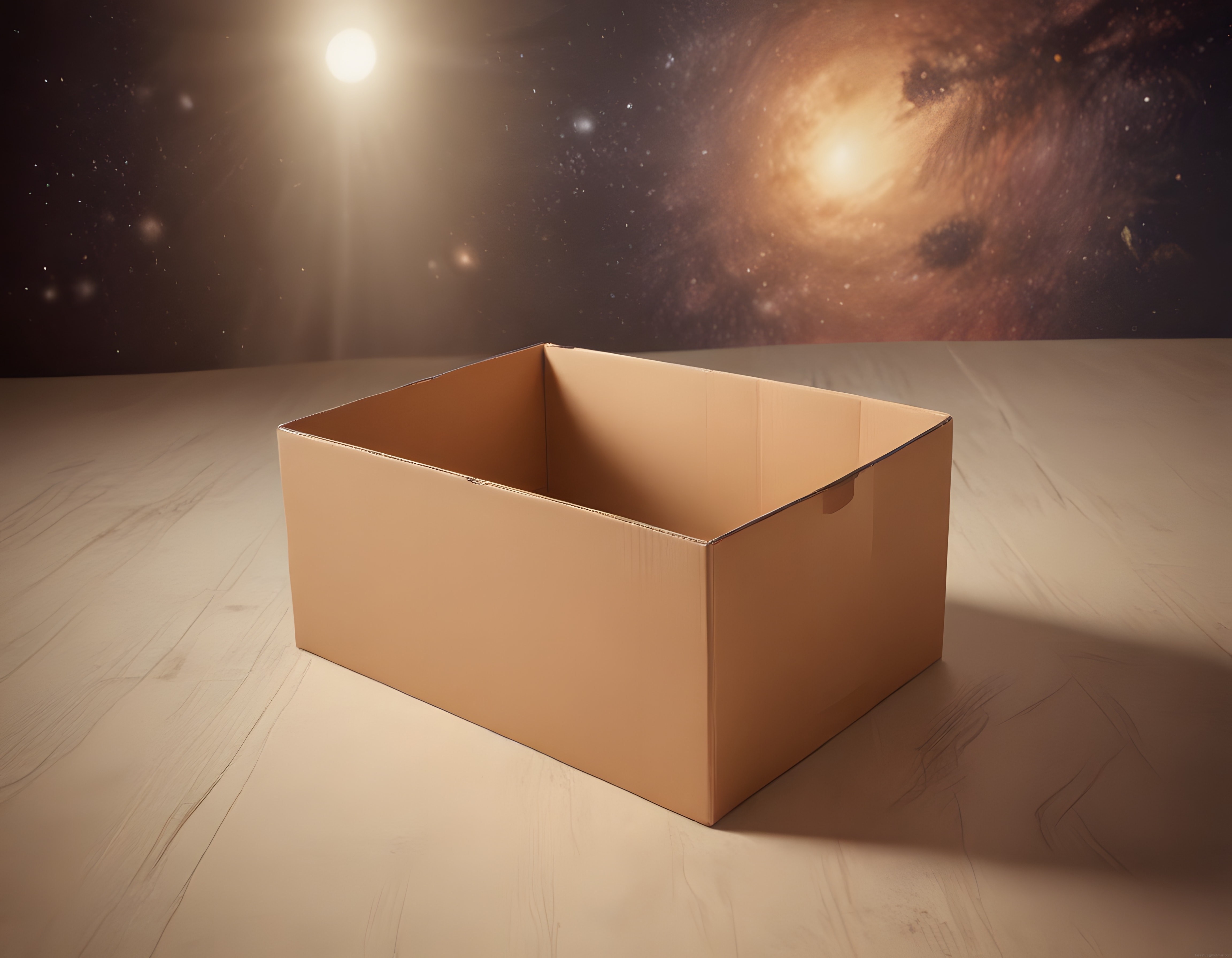 Evrende Yalnız Bir Kutu: Uzay Arka Planlı Minimalist 3D Tasarım