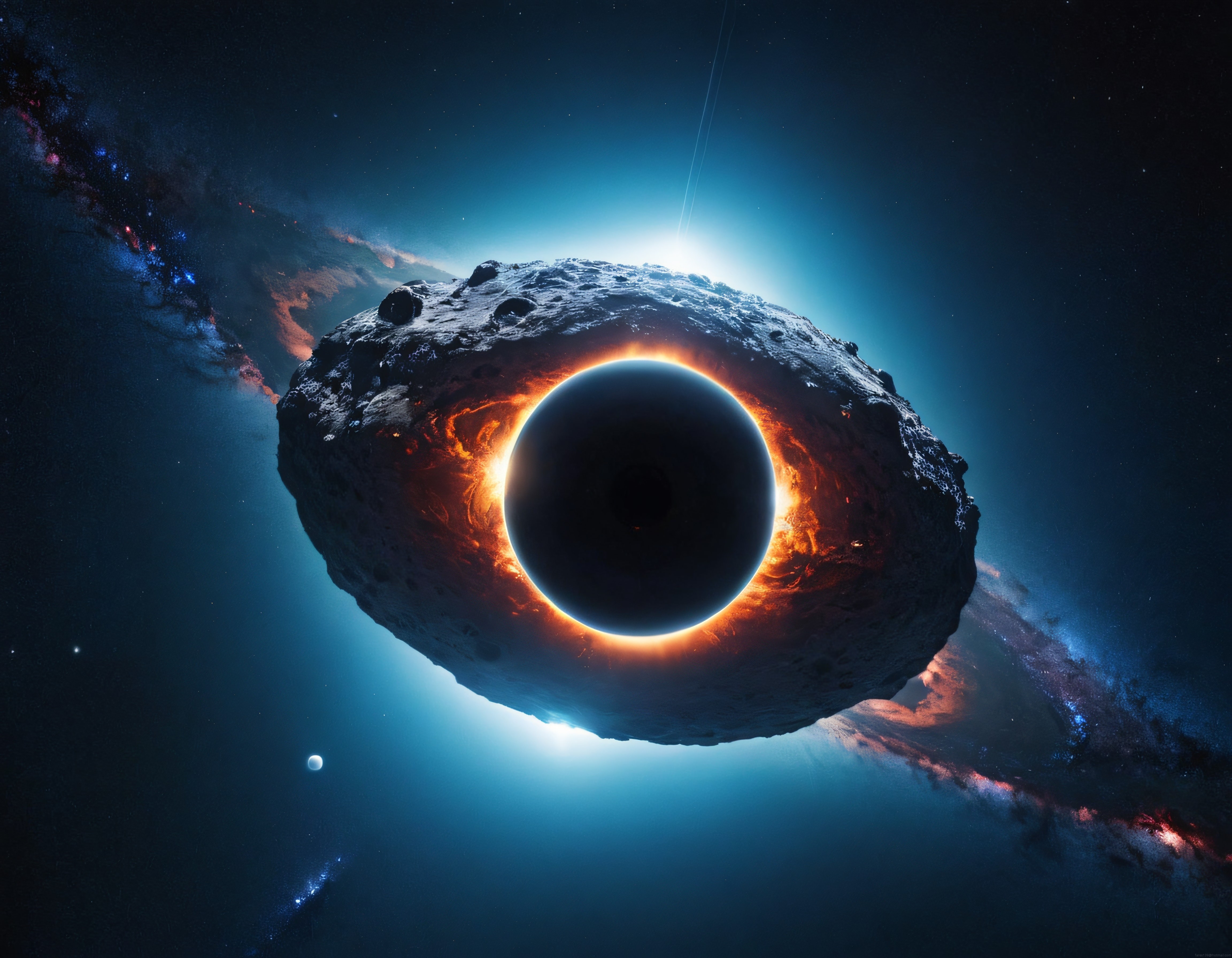 Evrenin Merkezindeki Karadelik ve Etrafındaki Alevli Asteroid Halkası