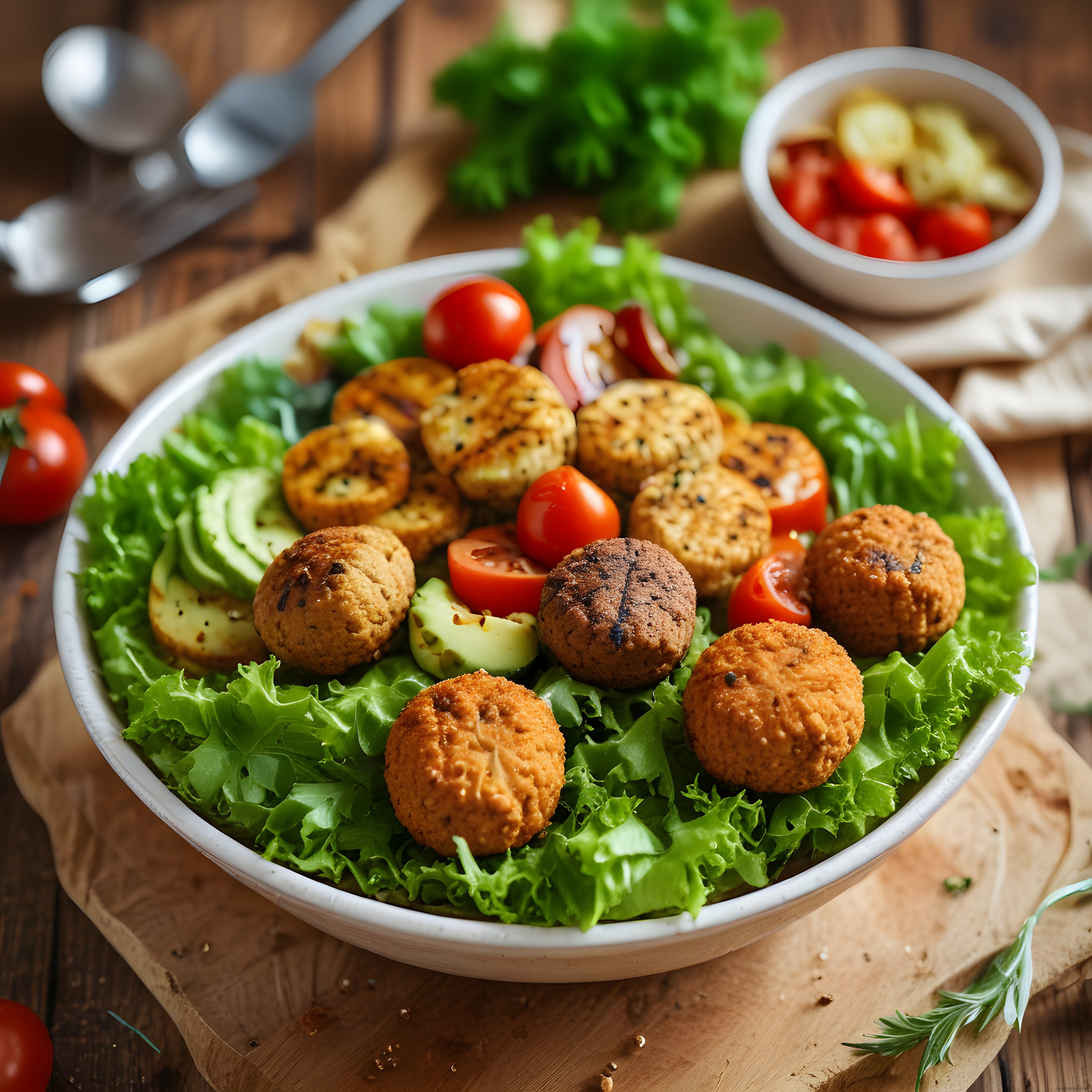 Falafel Avokado ve Izgara Sebzelerle Sunulan Renkli Akdeniz Salata Kasesi