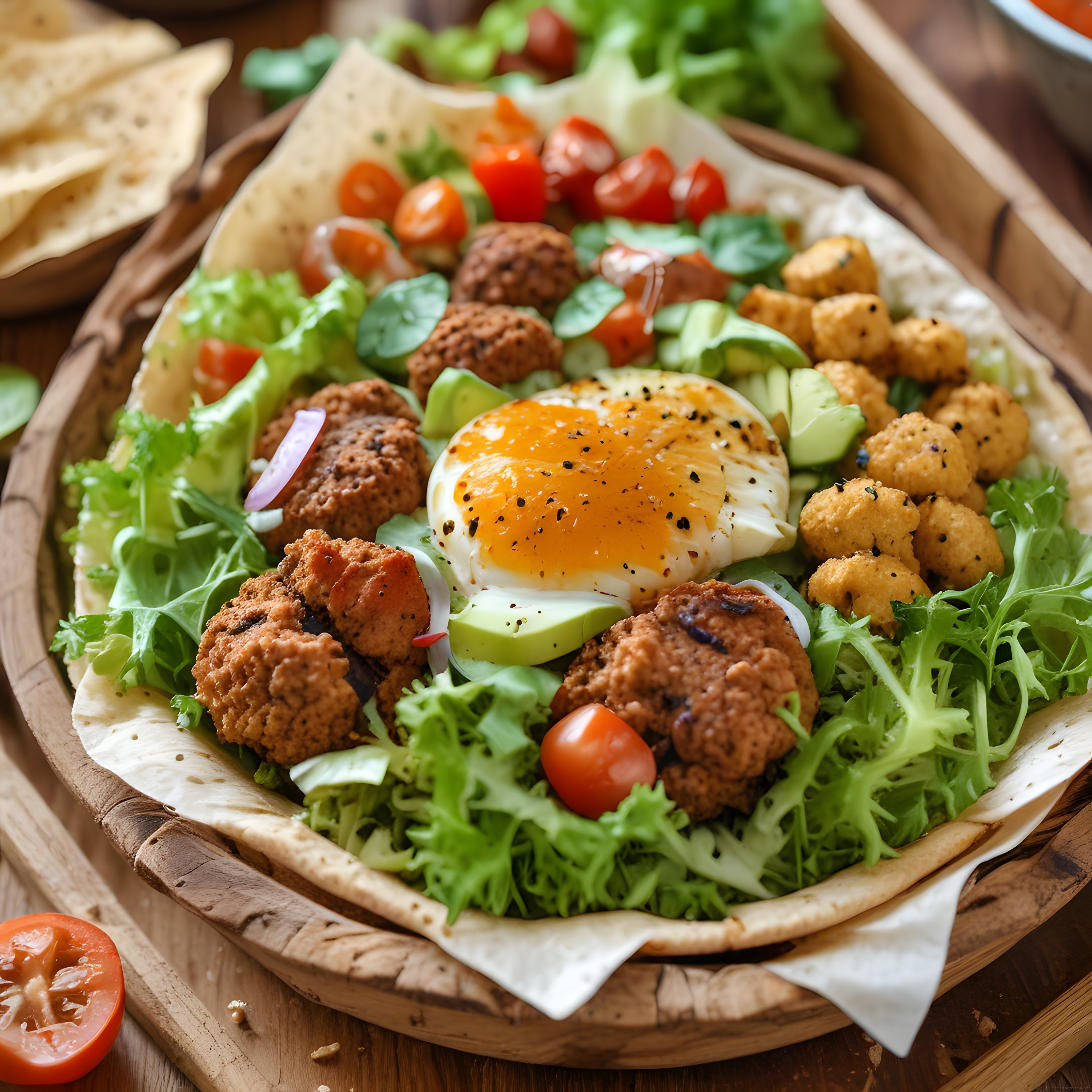 Falafel, avokado ve poşe yumurtalı sağlıklı ortadoğu mutfağı kasesi