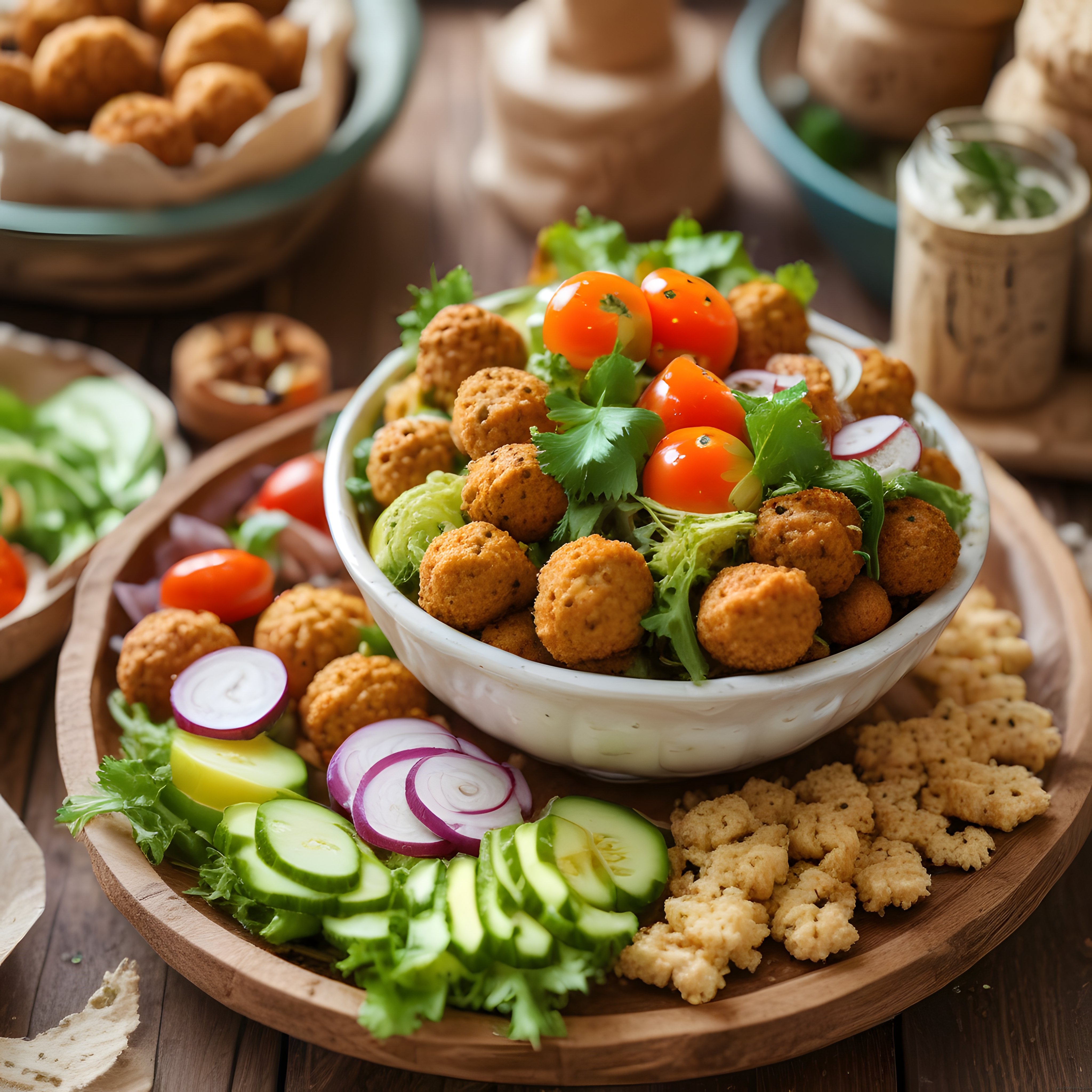 Falafel, humus ve taze yeşilliklerle ortadoğu usulü sunum tabağı ve mezeler
