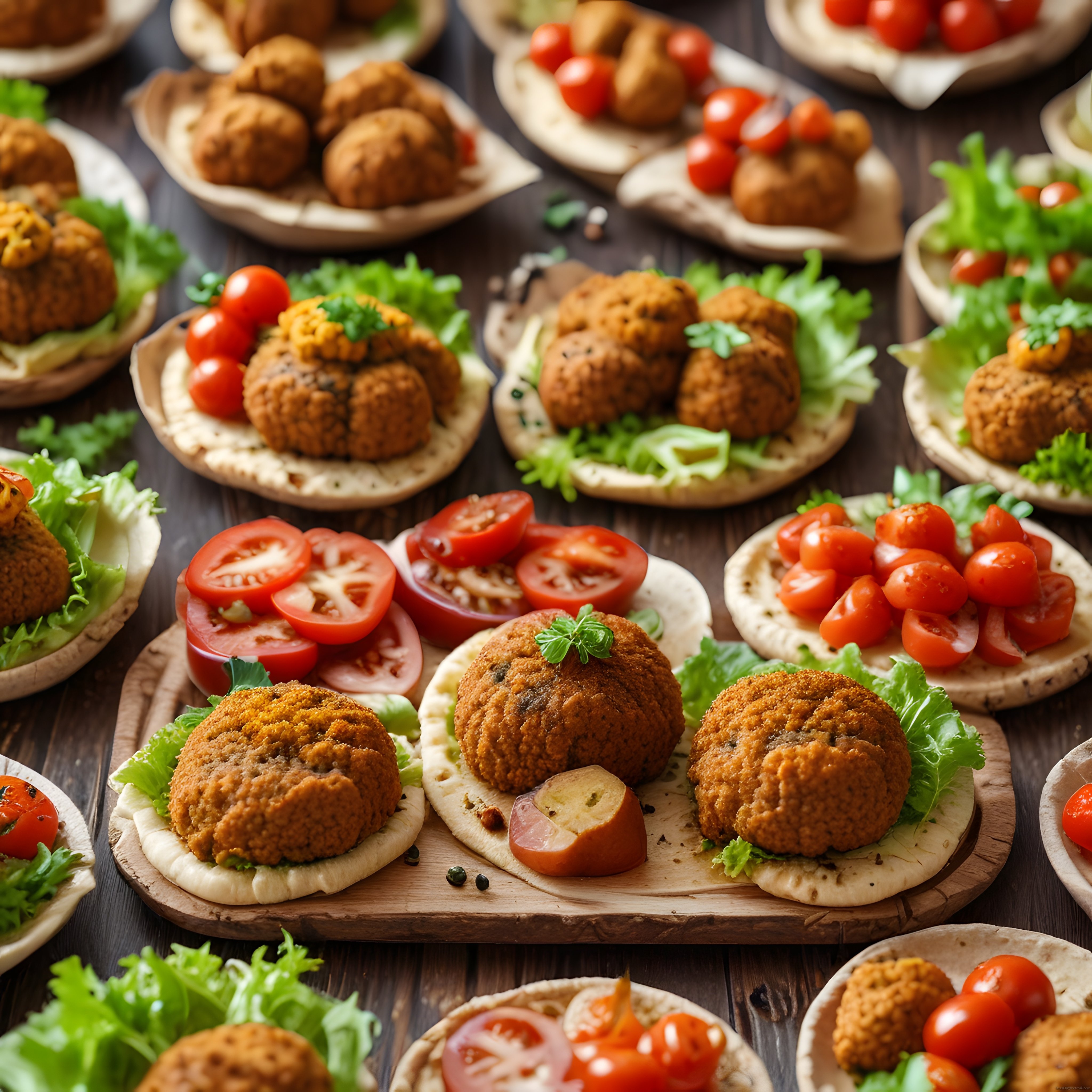 Falafel Köfteler, Taze Domates ve Yeşilliklerle Rustik Ahşap Masada Sunum