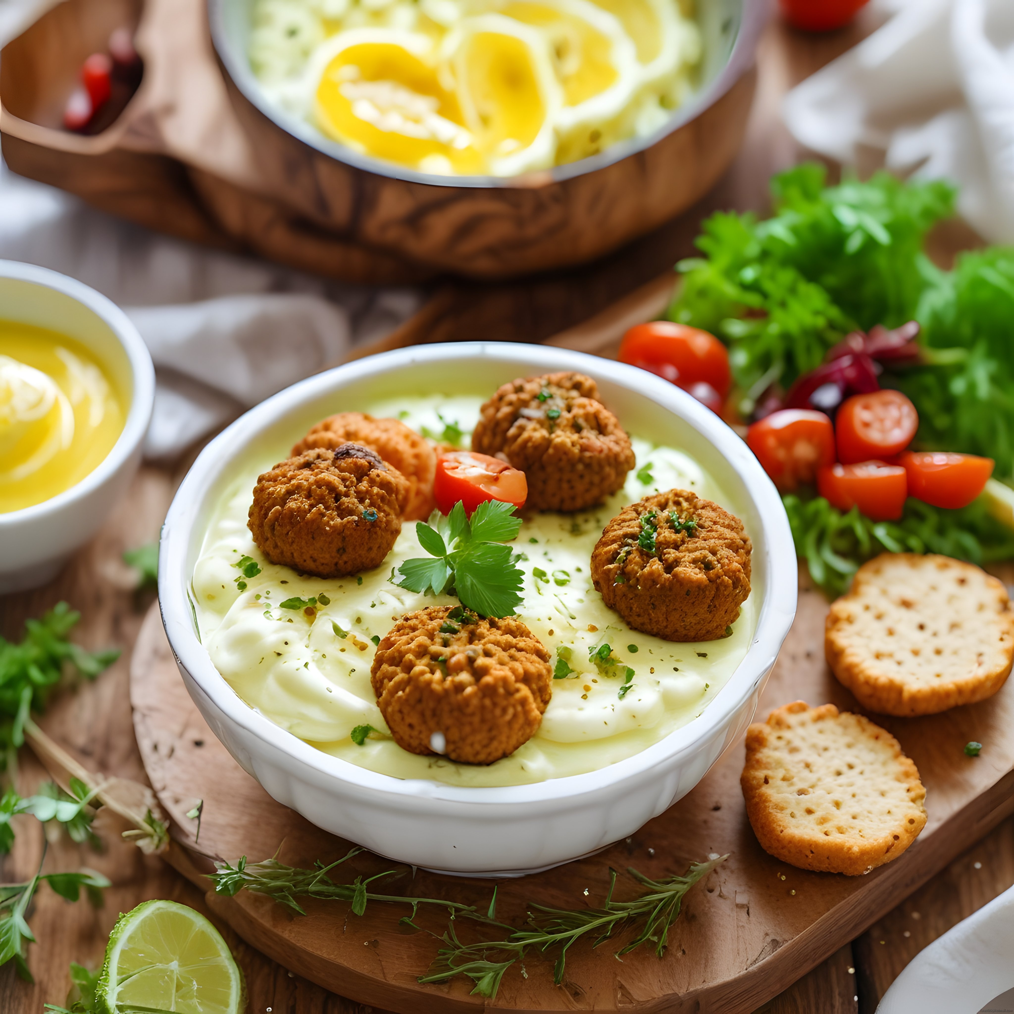 Falafel Köfteleri ve Krema Soslu Meze Tabağı: Taze ve Lezzetli Sunum