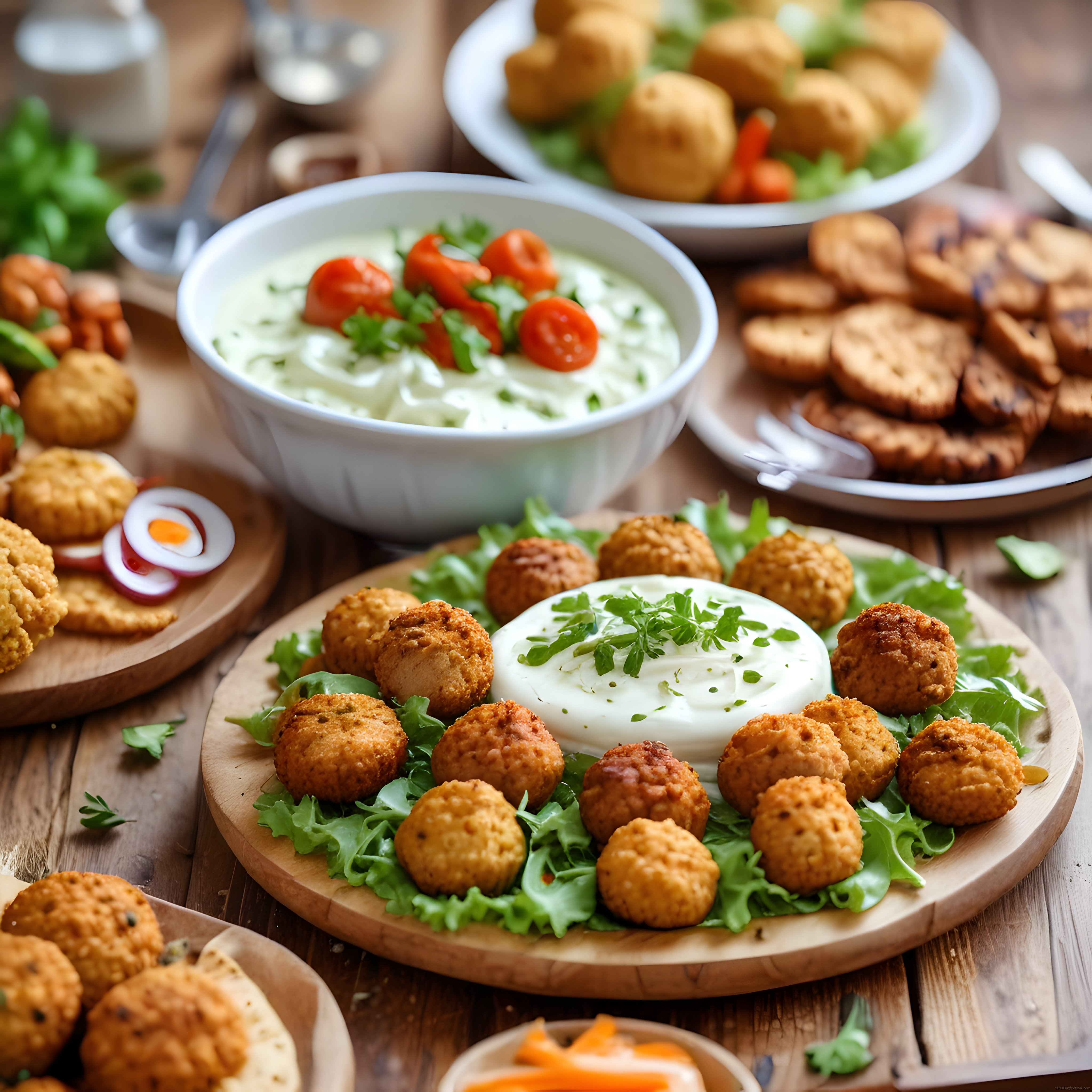 Falafel Köfteleri, Yoğurt Dip Sos ve Izgara Ekmekli Meze Sunumu