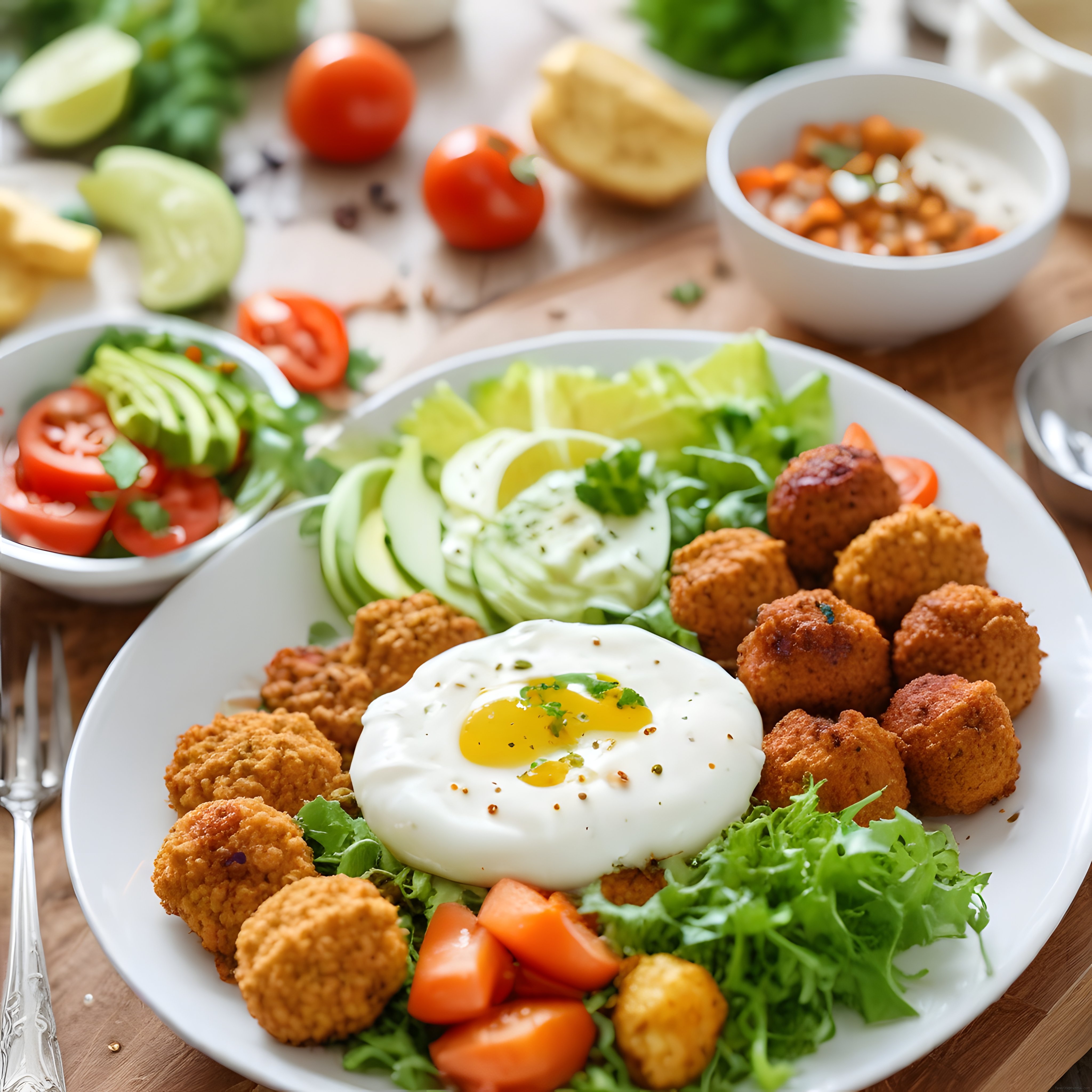Falafel Topları, Avokat ve Poşe Yumurtalı Sağlıklı Brunch Tabağı Sunumu