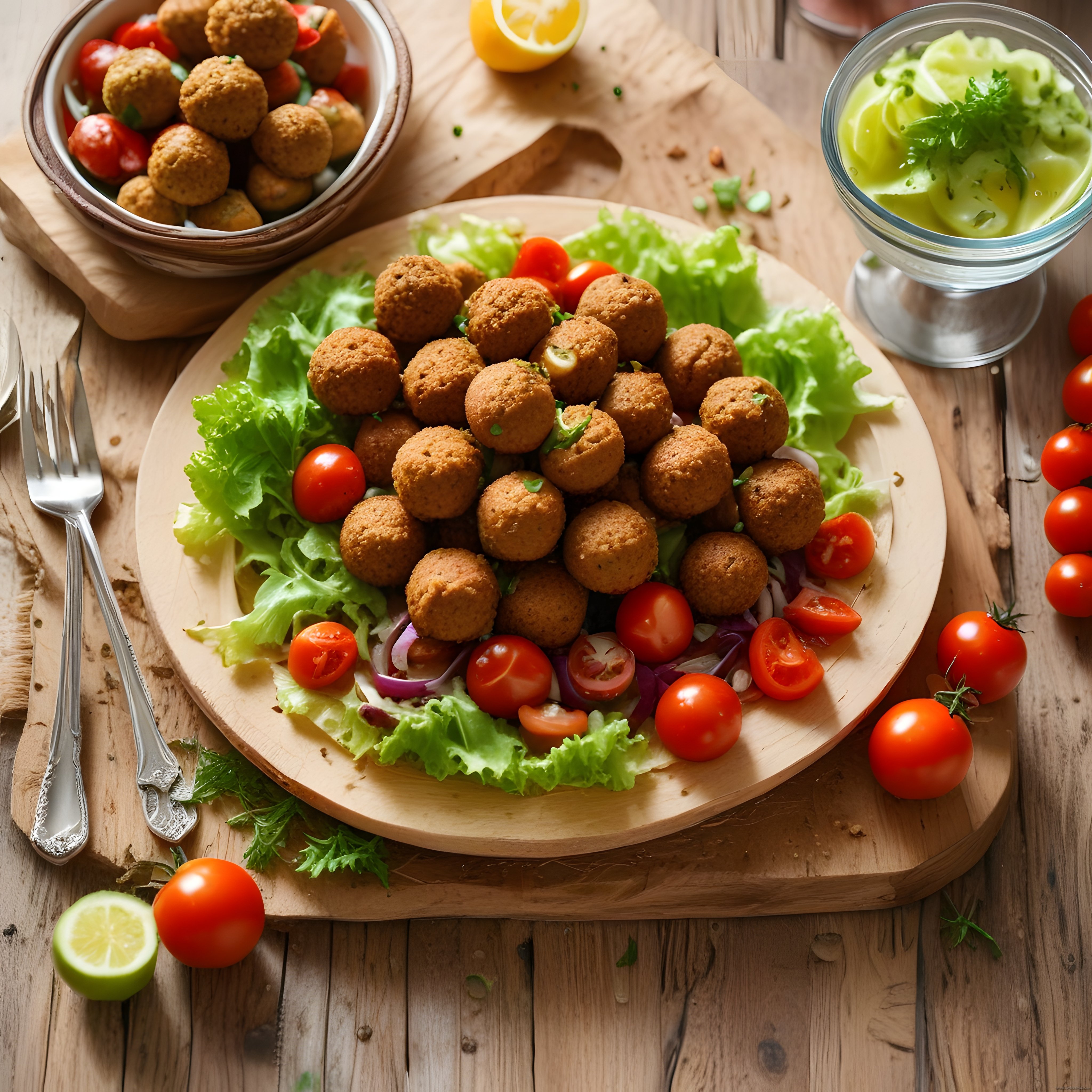 Falafel Topları ile Orta Doğu Sunumu: Taze Salata ve Yeşil Sos Eşliğinde