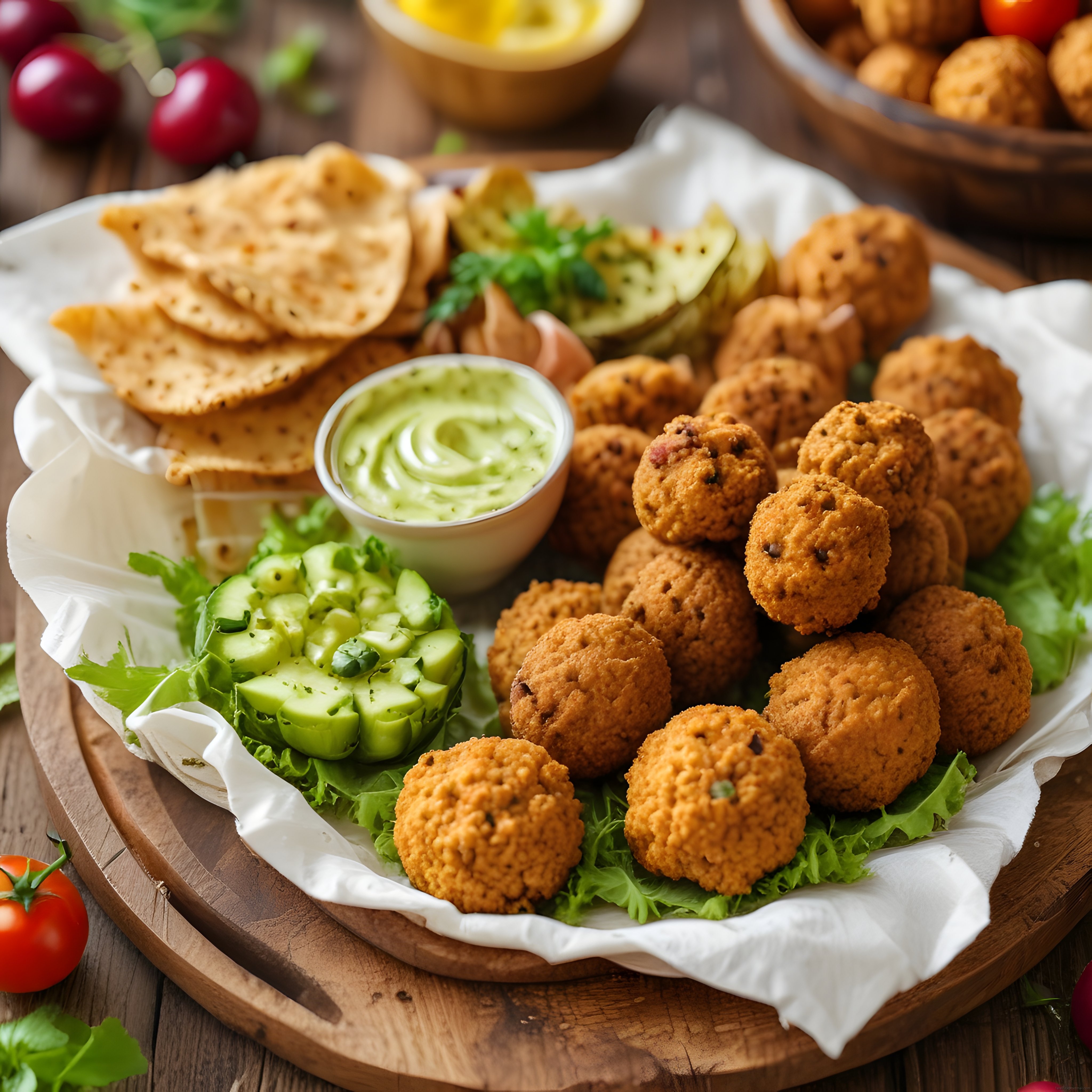 falafel topları taze salatalık avokado ve yeşil dip sosla rustik sunum