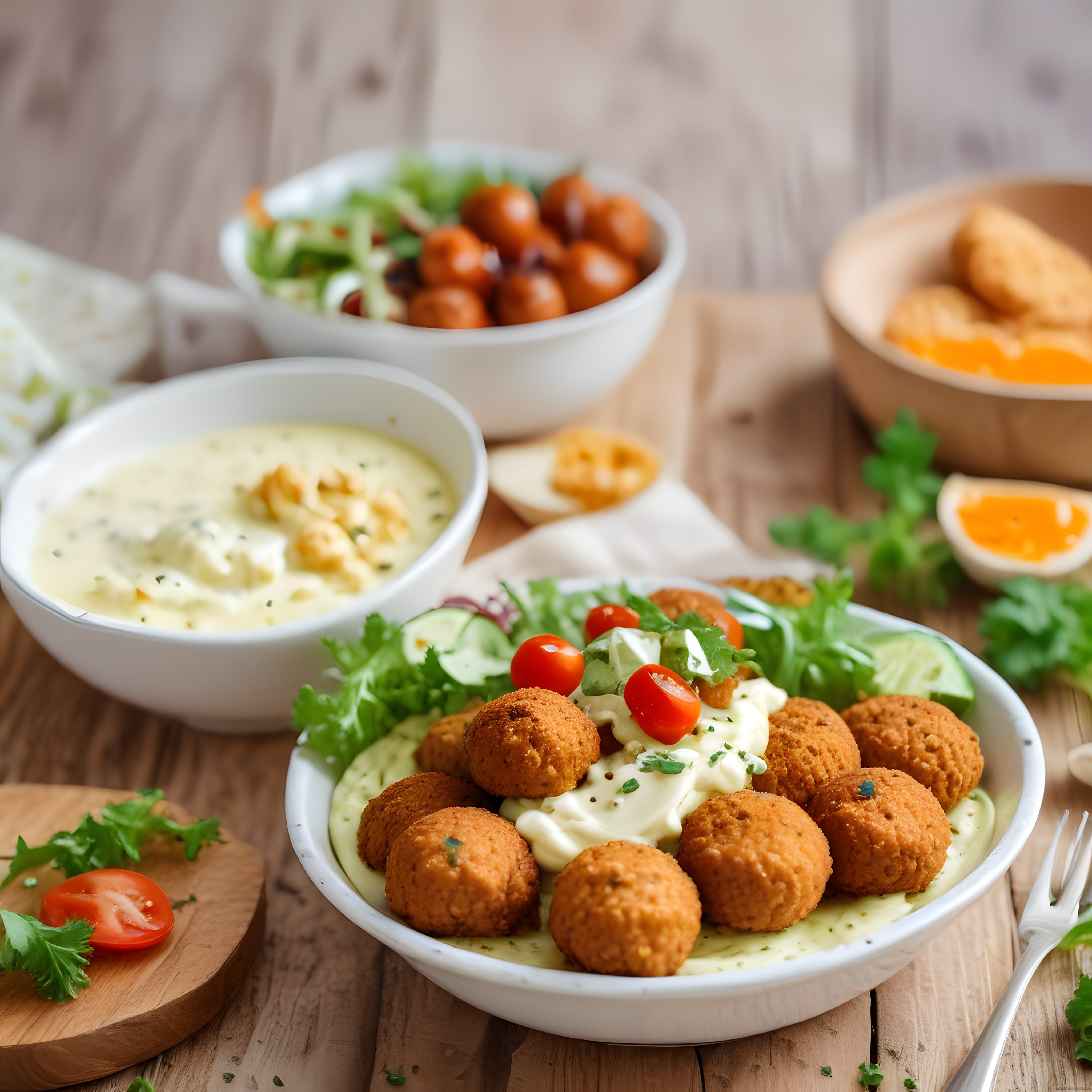 Falafel topları ve humus ile rustik sunumda Orta Doğu mutfağı lezzetleri