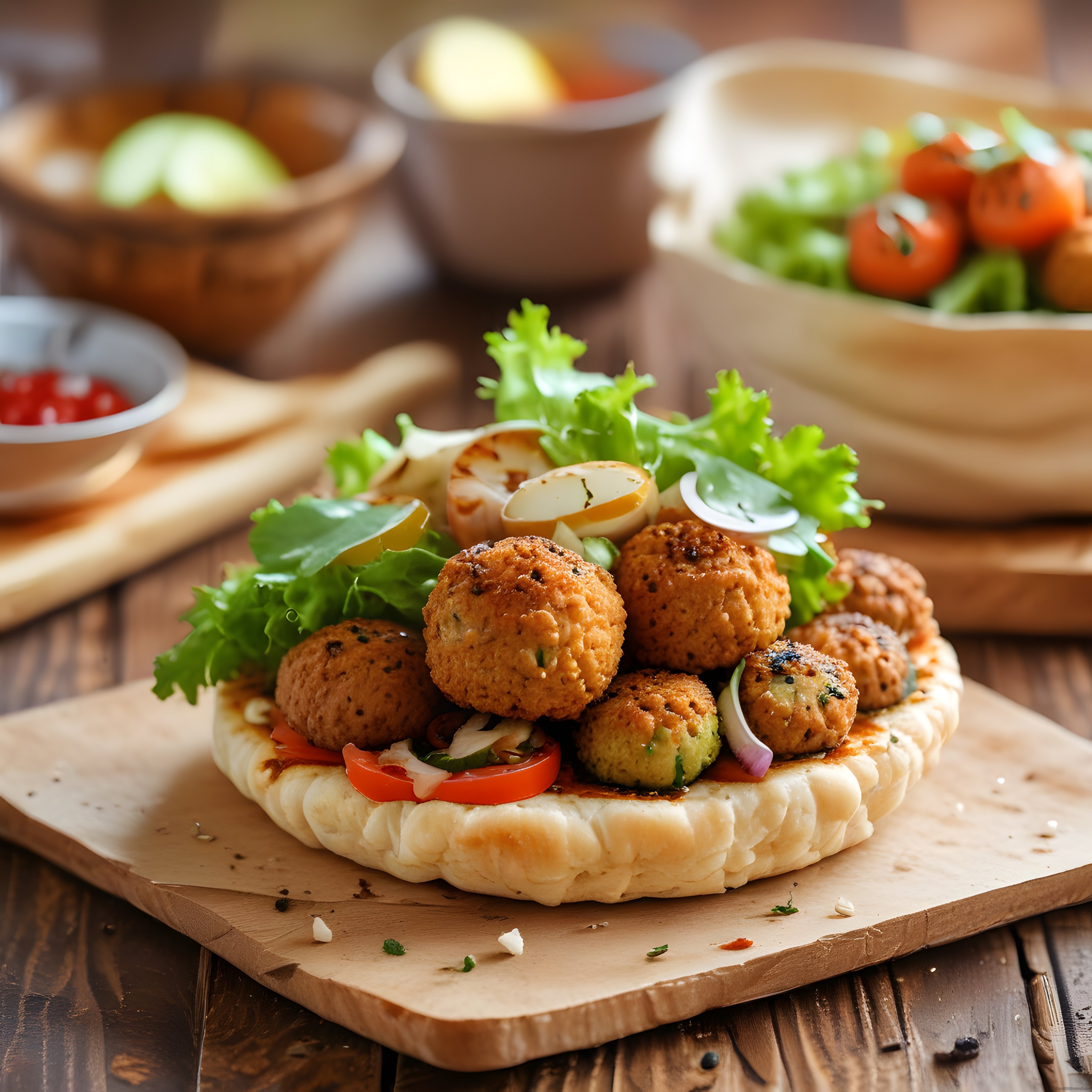 Falafel topları ve renkli sebzelerle süslenmiş nefis pide sunumu