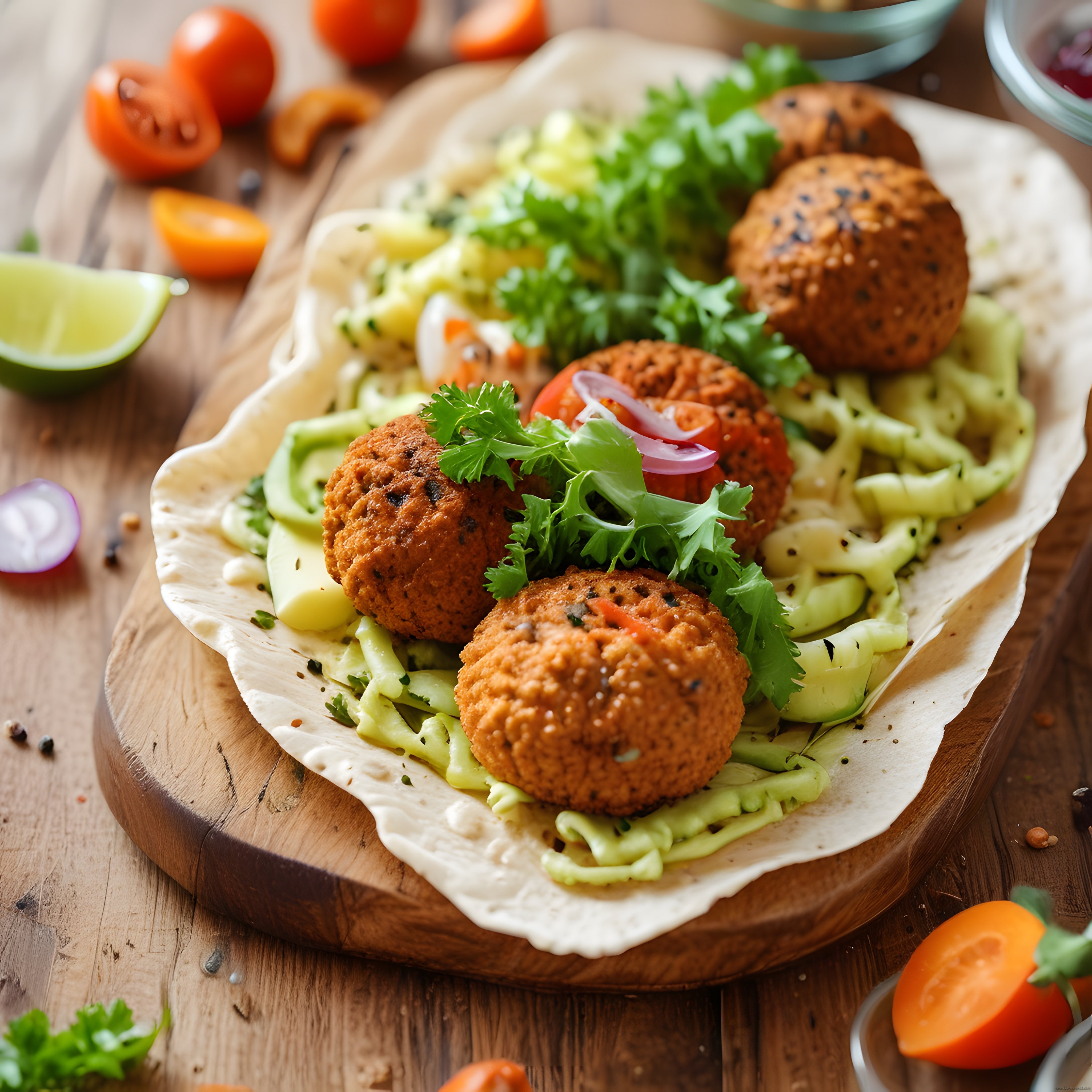 Falafel Topları ve Taze Sebzelerle Hazırlanan Nefis Wrap Sunumu