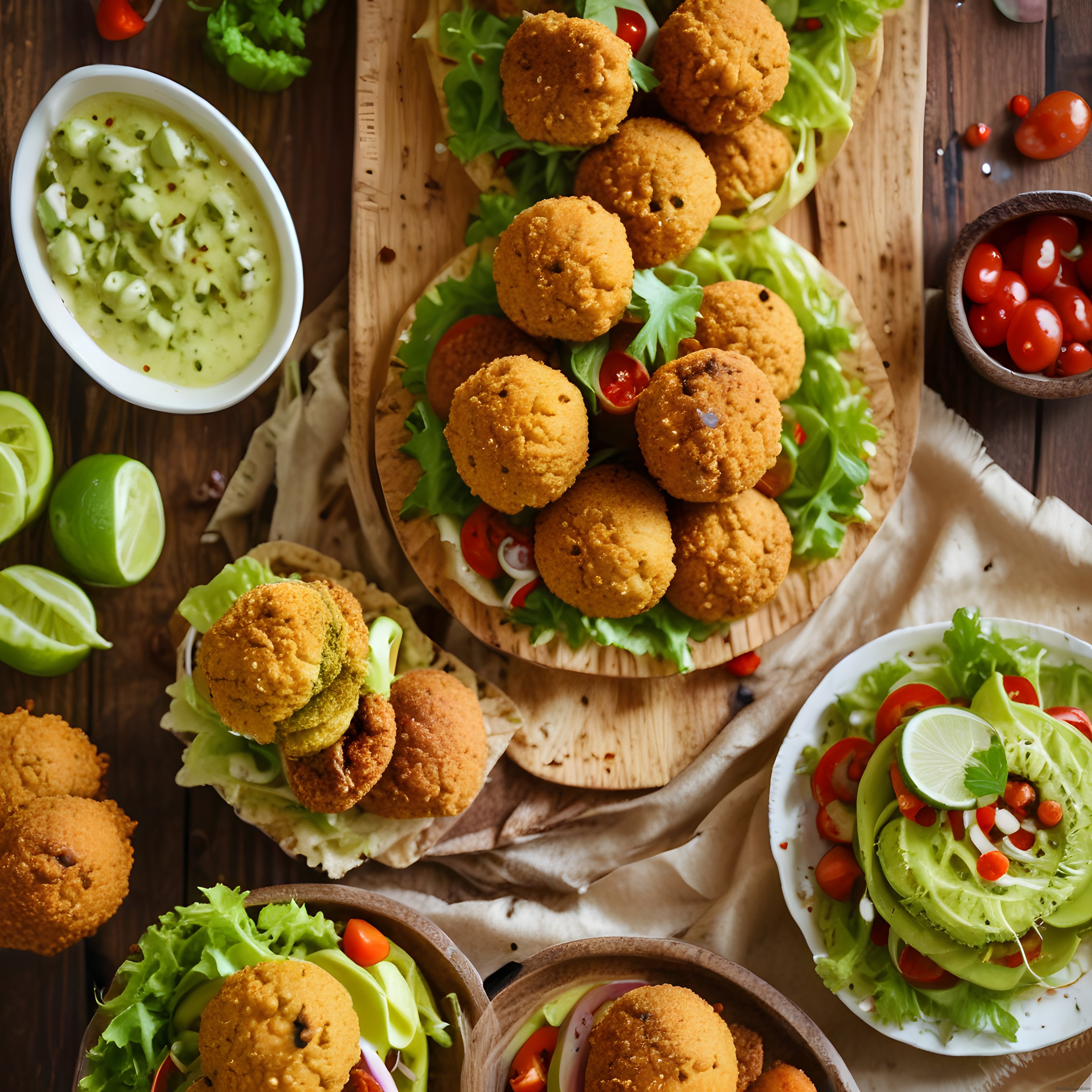 Falafel Topları, Yeşil Sos ve Taze Salatalarla Lezzetli Rustik Sunum