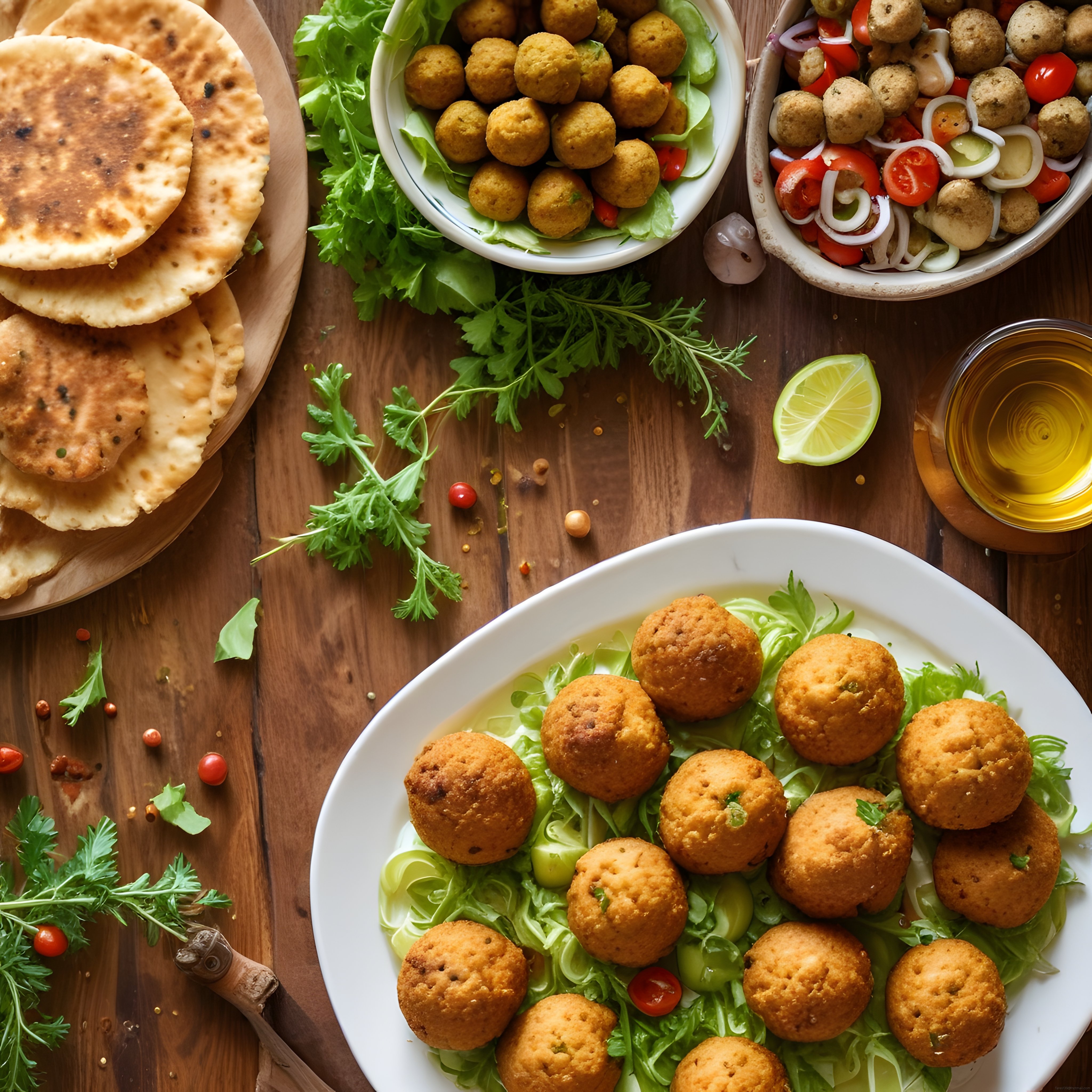 Falafel ve Kızartılmış Köfte Toplarıyla Rustik Bir Yemek Masası Aranjmanı