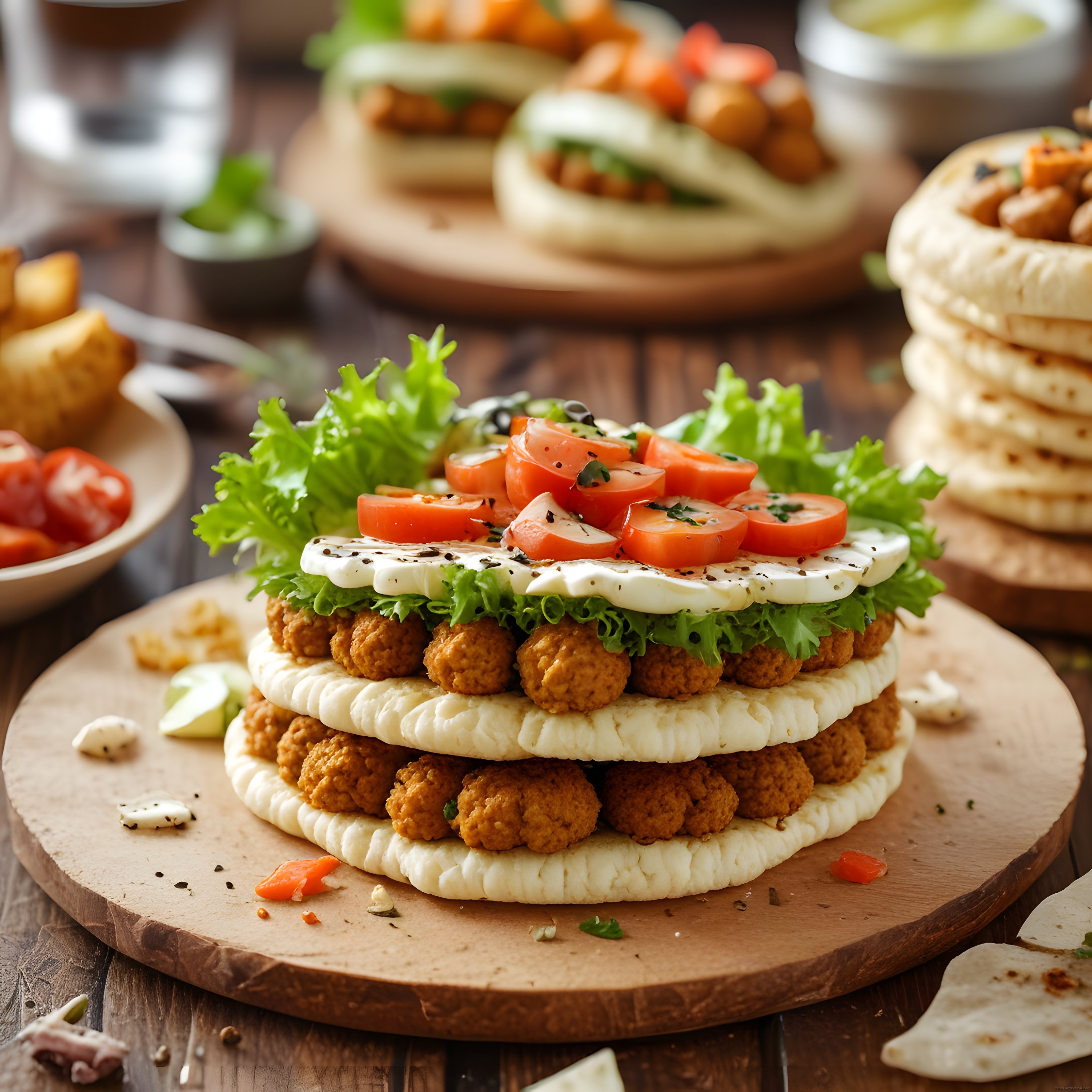 Falafel ve Mozzarella Peynirli Taze Sebzeli Katlı Bazlama Sunumu