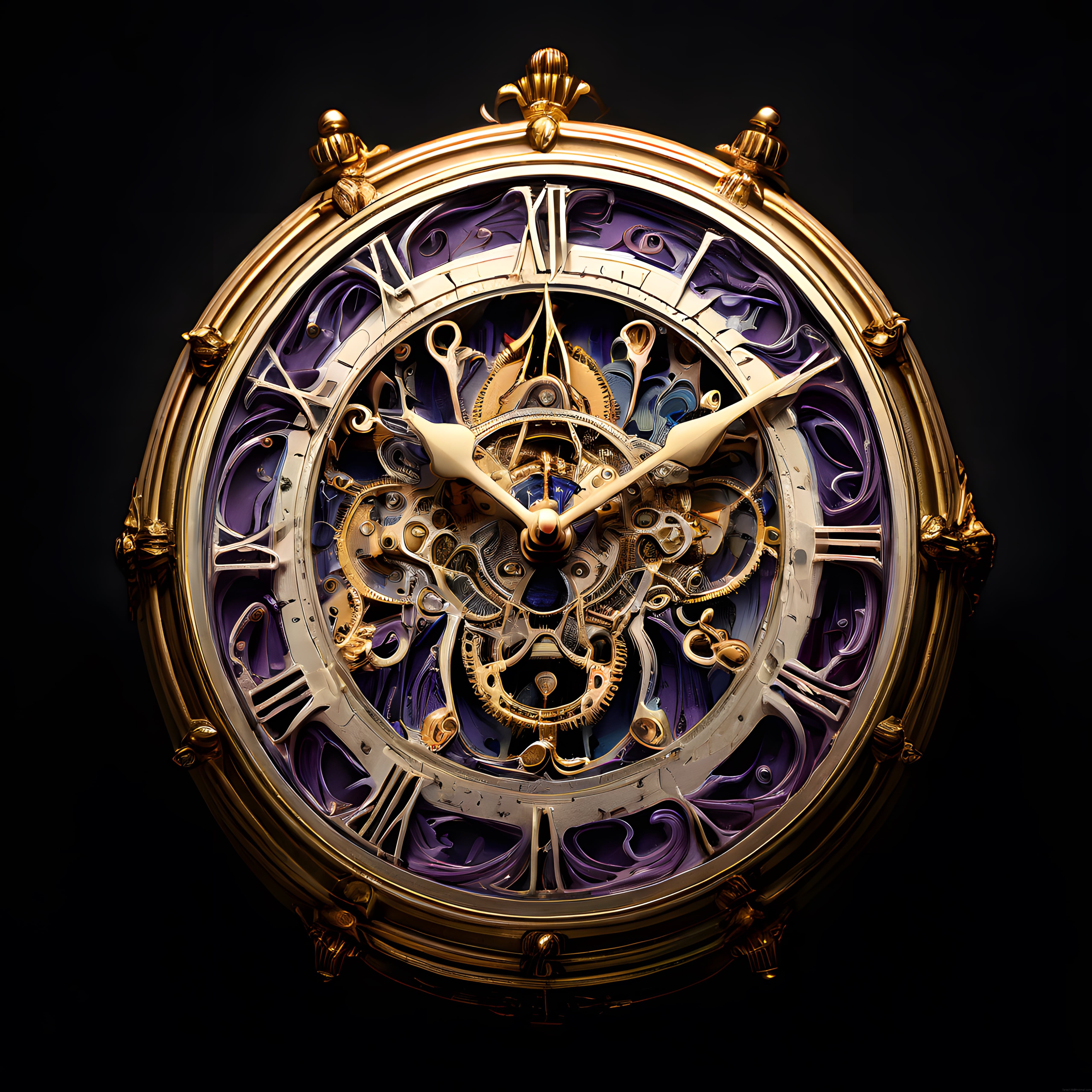 Fantastik Altın ve Mor Tonlarında Steampunk Mekanik Saat Tasarımı