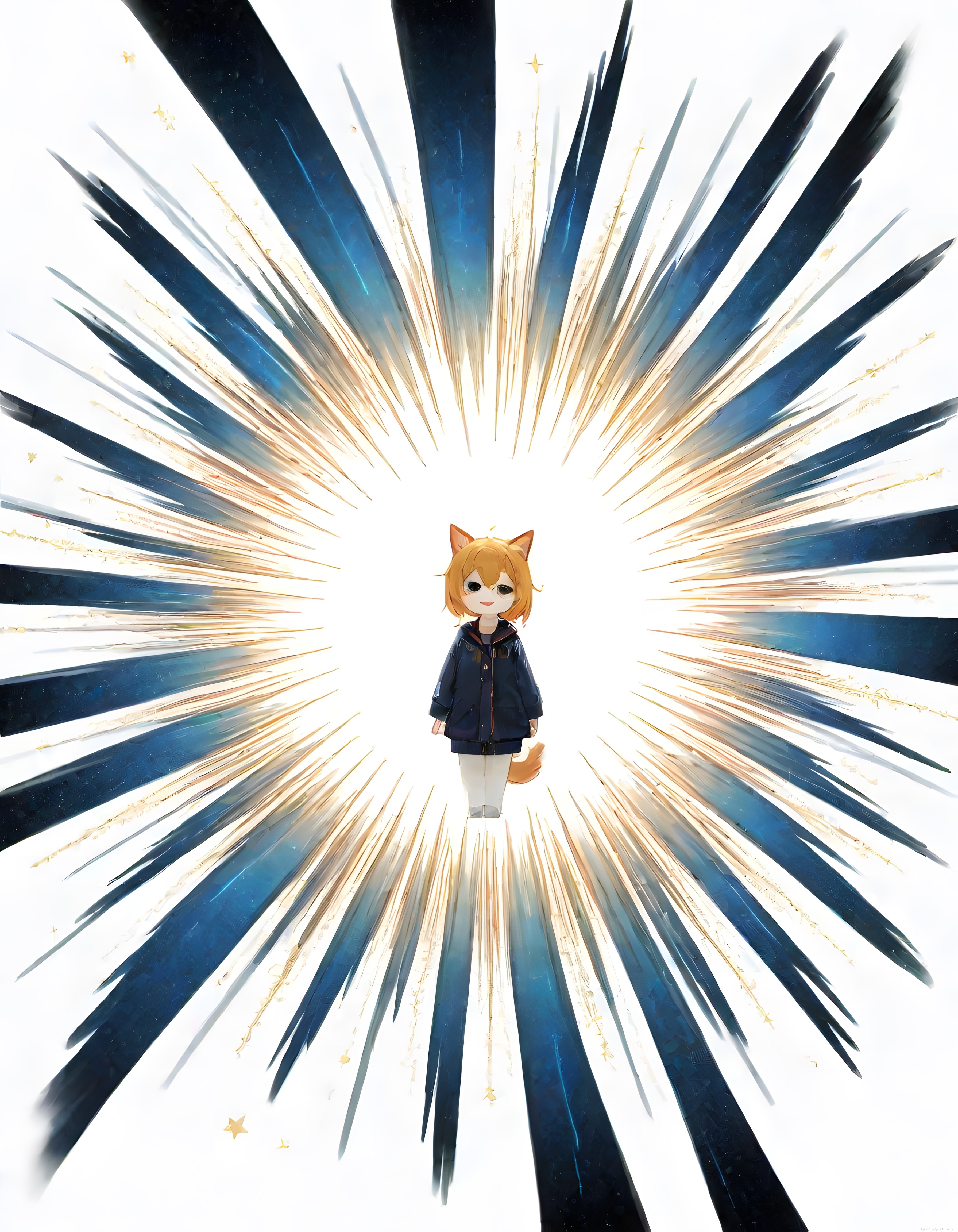 Fantastik anime dijital illüstrasyonda kedi kulaklı karakter ışık patlaması arasında duruyor