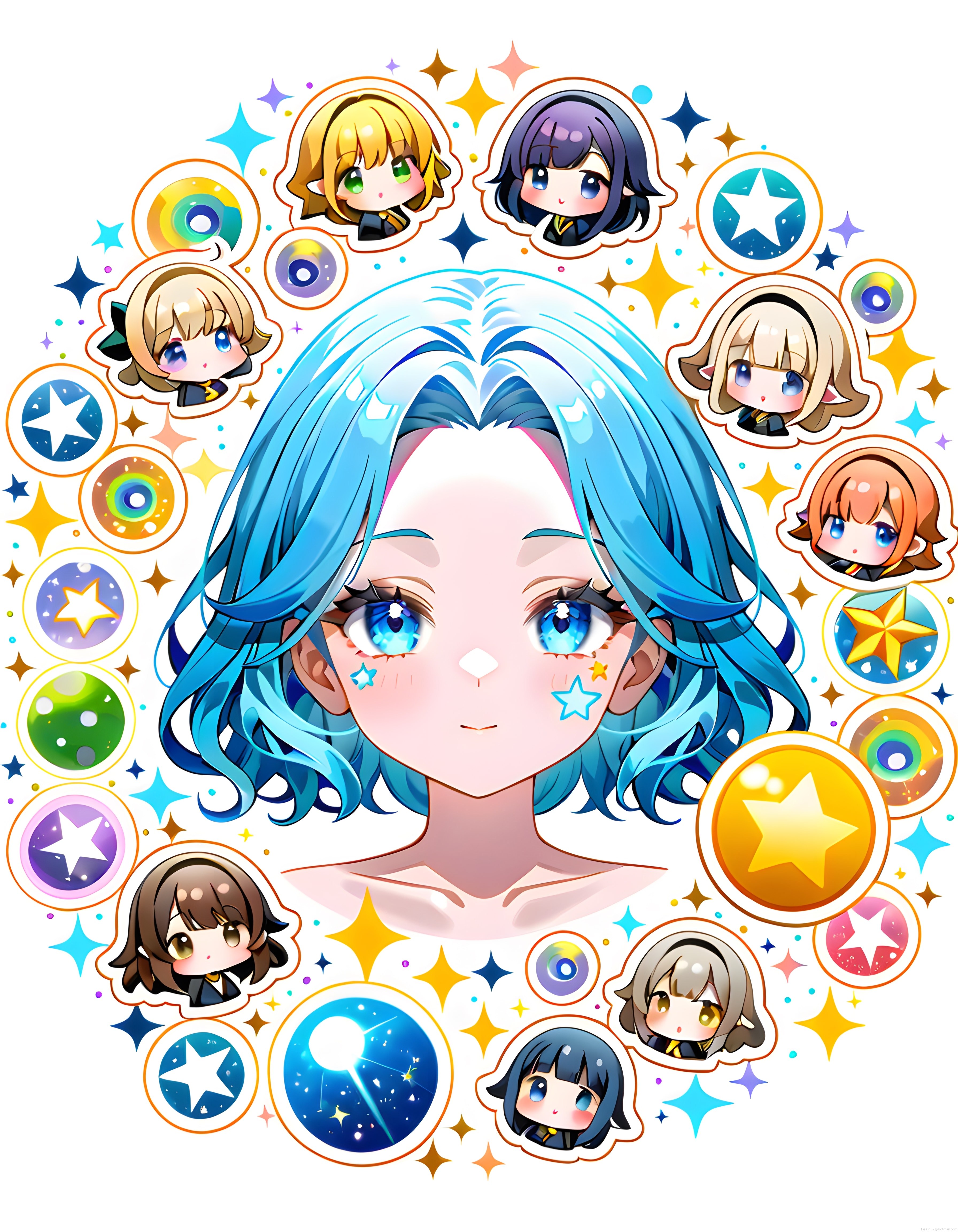 Fantastik Anime Portre: Mavi Saçlı Kız ve Renkli Chibi Karakterlerle Dolu Sihirli Atmosfer