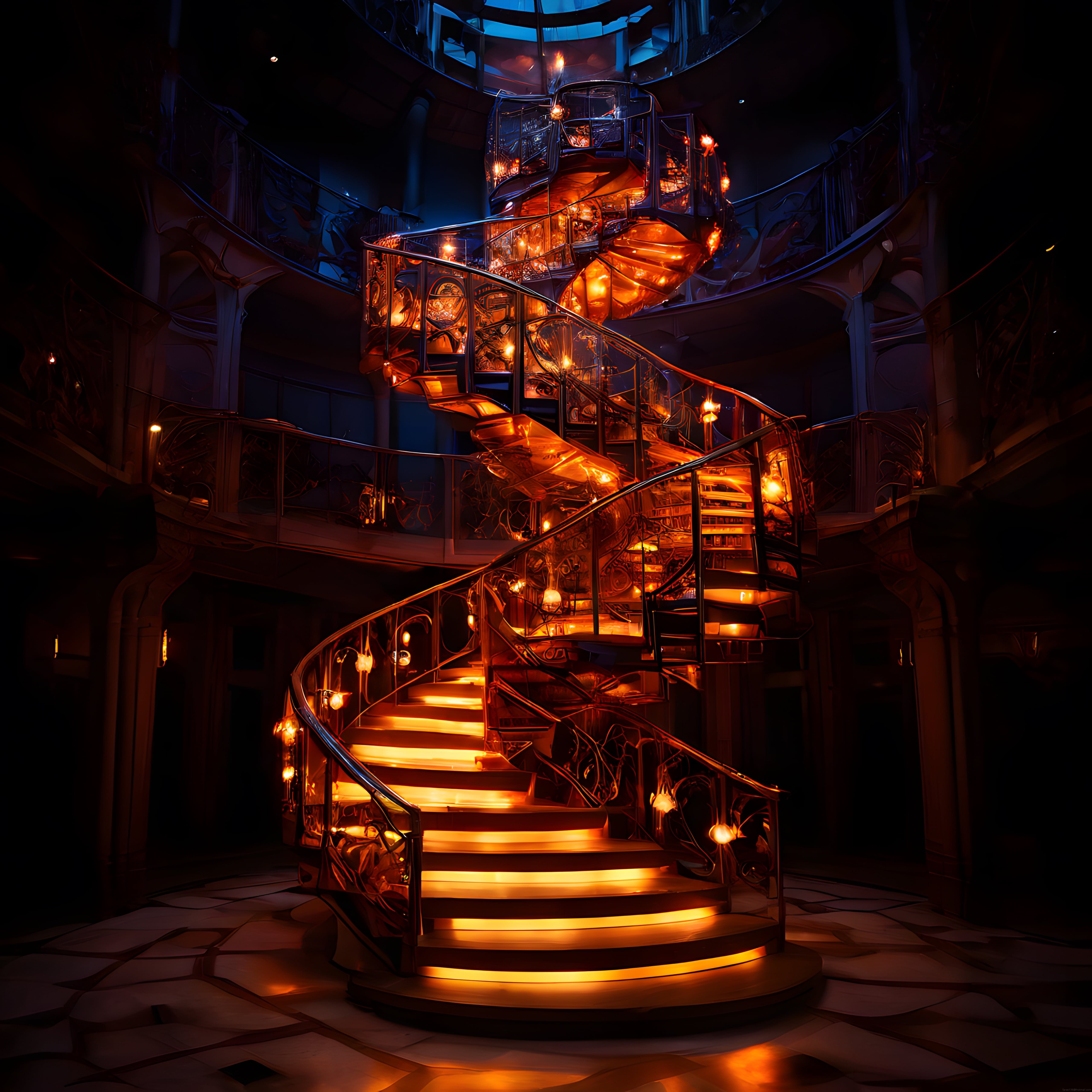 Fantastik Aydınlatmalı Gizemli Spiral Merdiven ve Karanlık Saray İçi