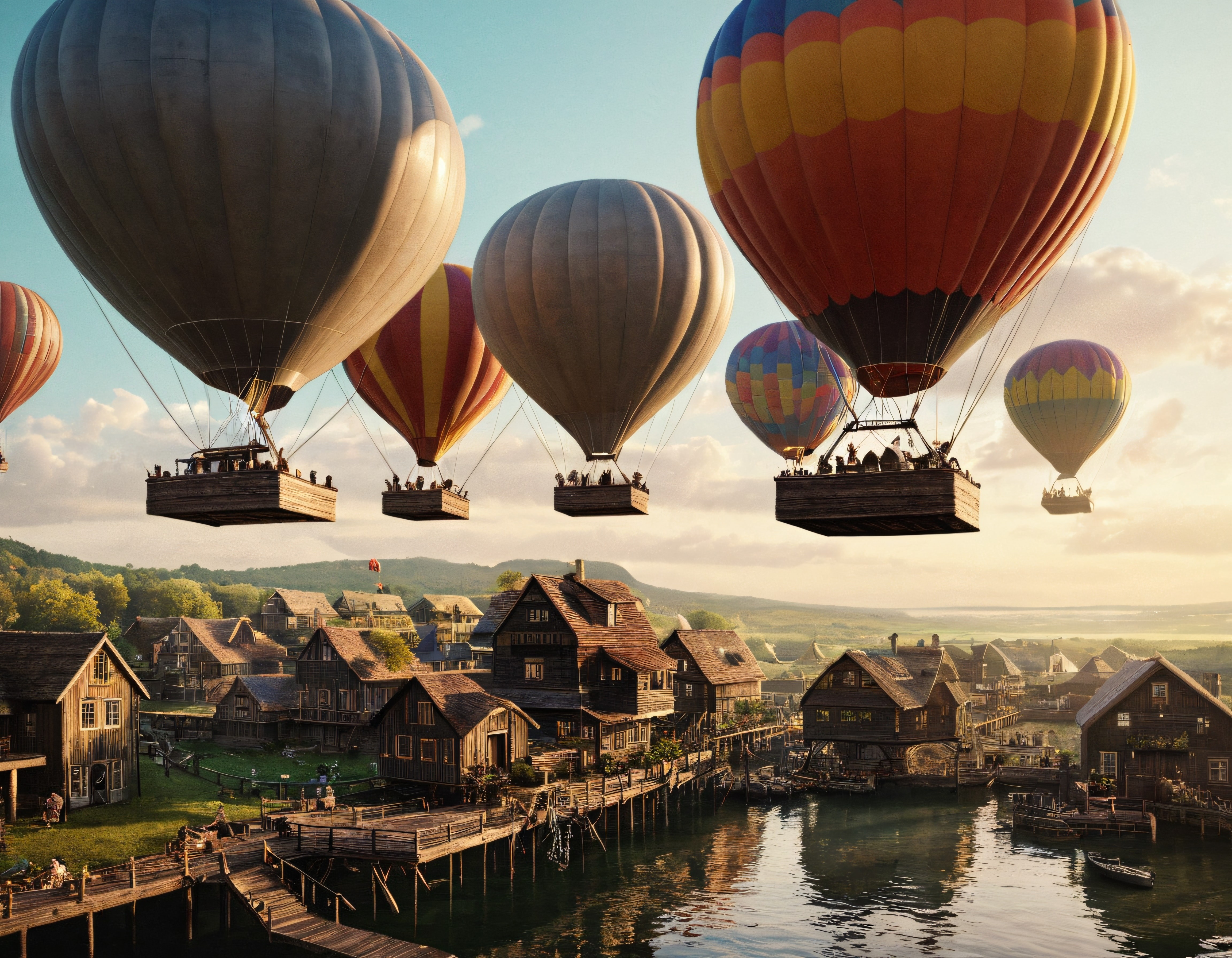 Fantastik Bir Dünyada Sıcak Hava Balonlarıyla Uçan Ahşap Sepetler ve Göl Kenarı
