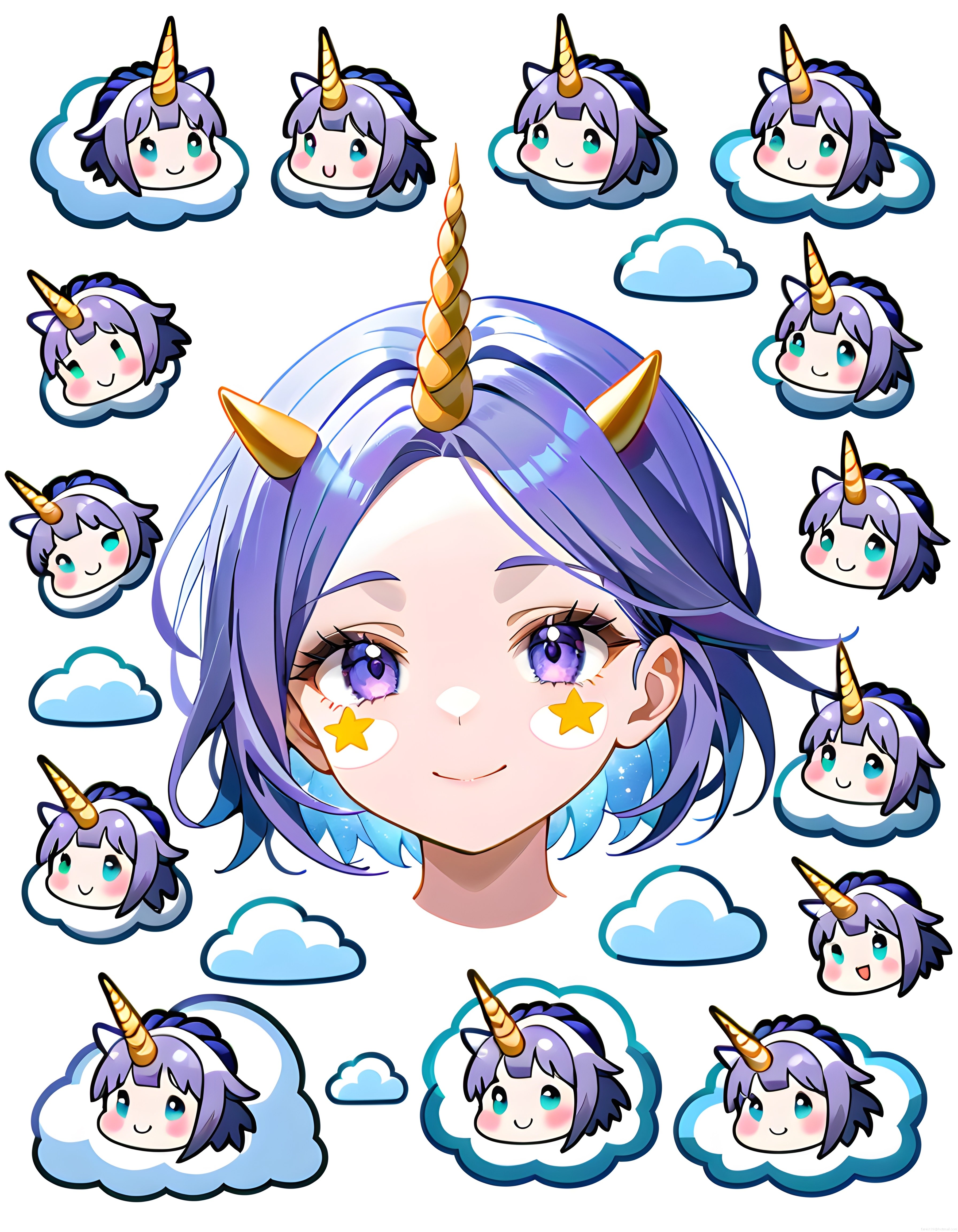 Fantastik Boynuzlu Anime Kız ve Etrafındaki Renkli Chibi Emoji Bulut Karakterleri