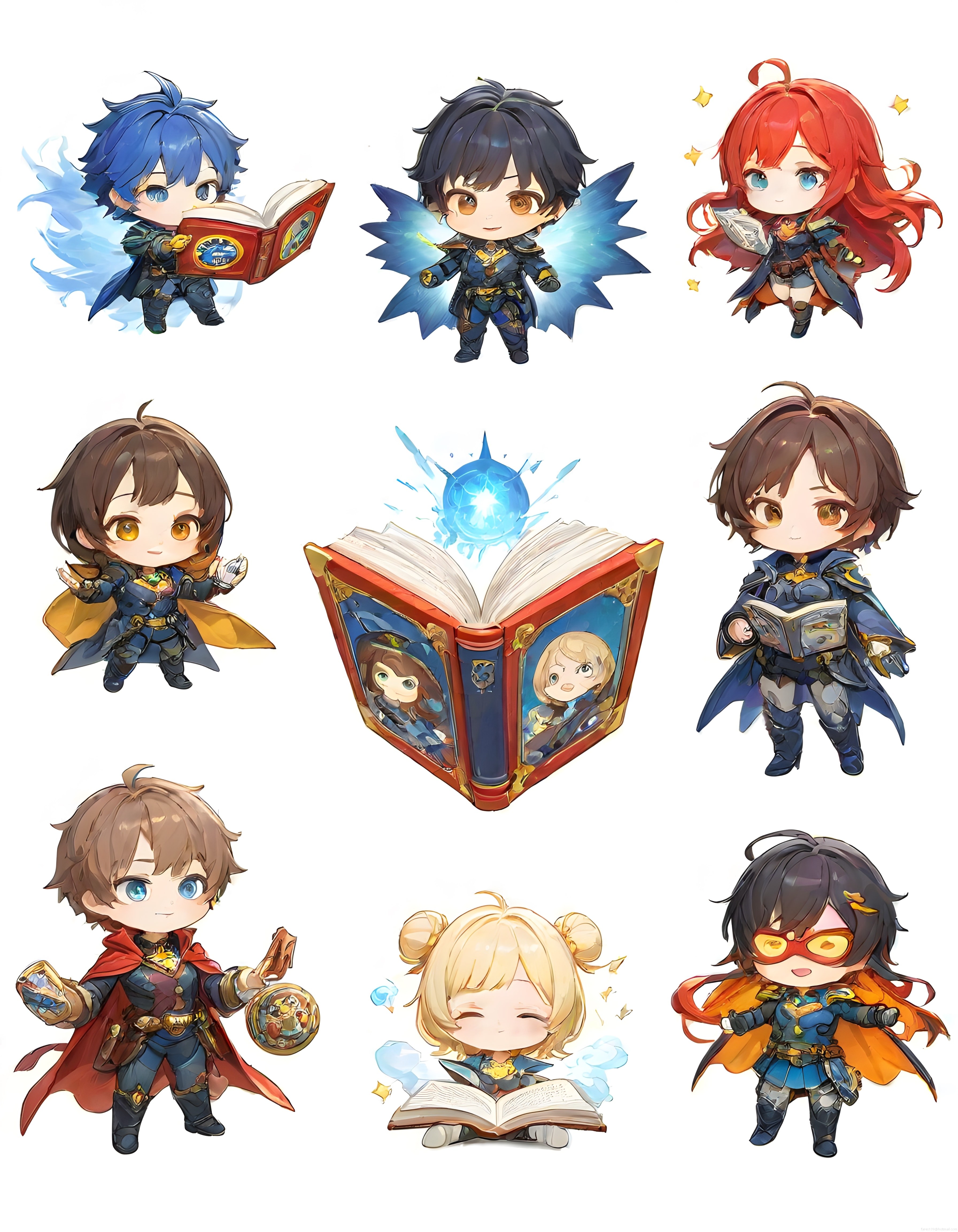 Fantastik Chibi Anime Kahramanları ve Sihirli Büyü Kitabı Dijital Sanat Koleksiyonu