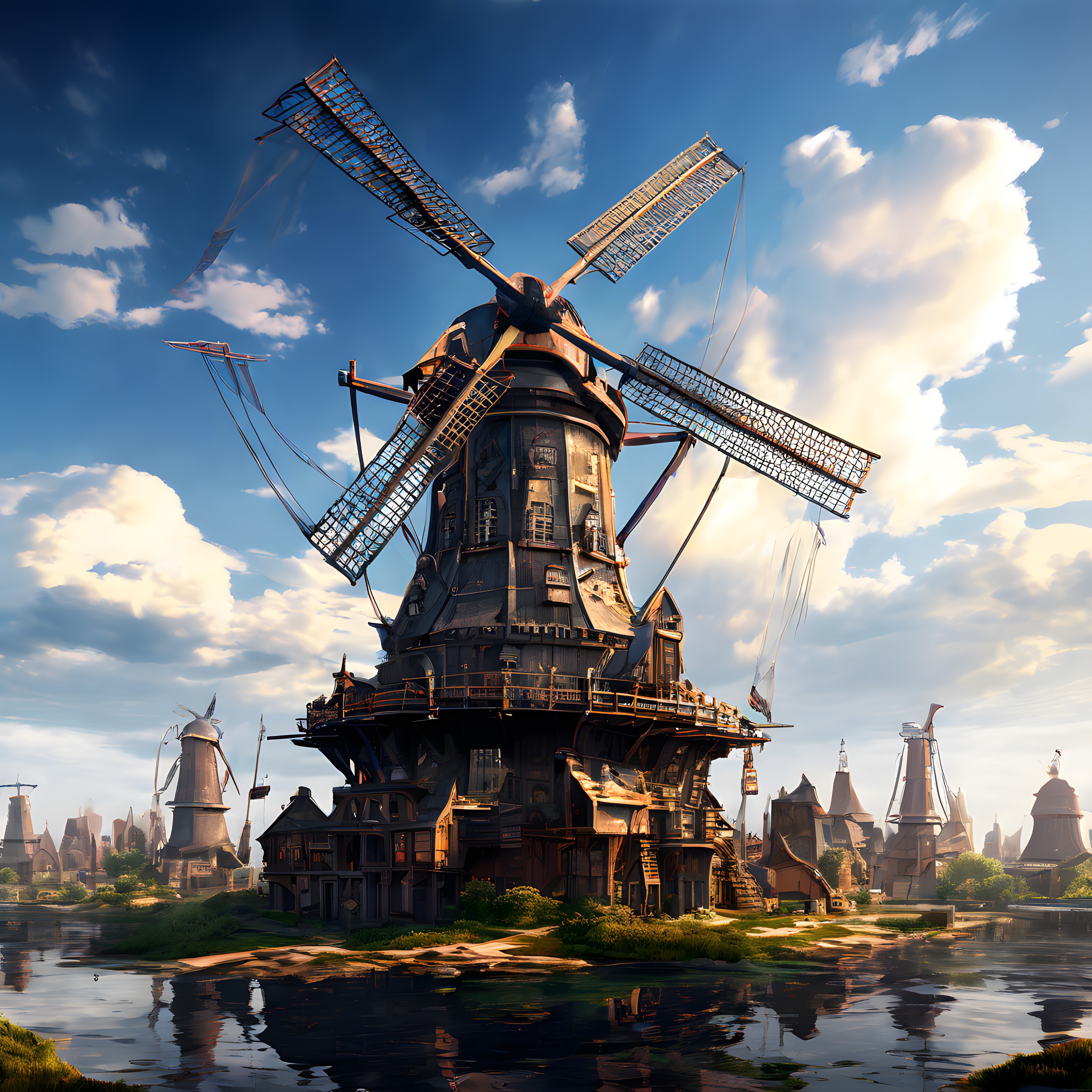 Fantastik devasa yel değirmeni ve su üzerindeki steampunk kasaba manzarası