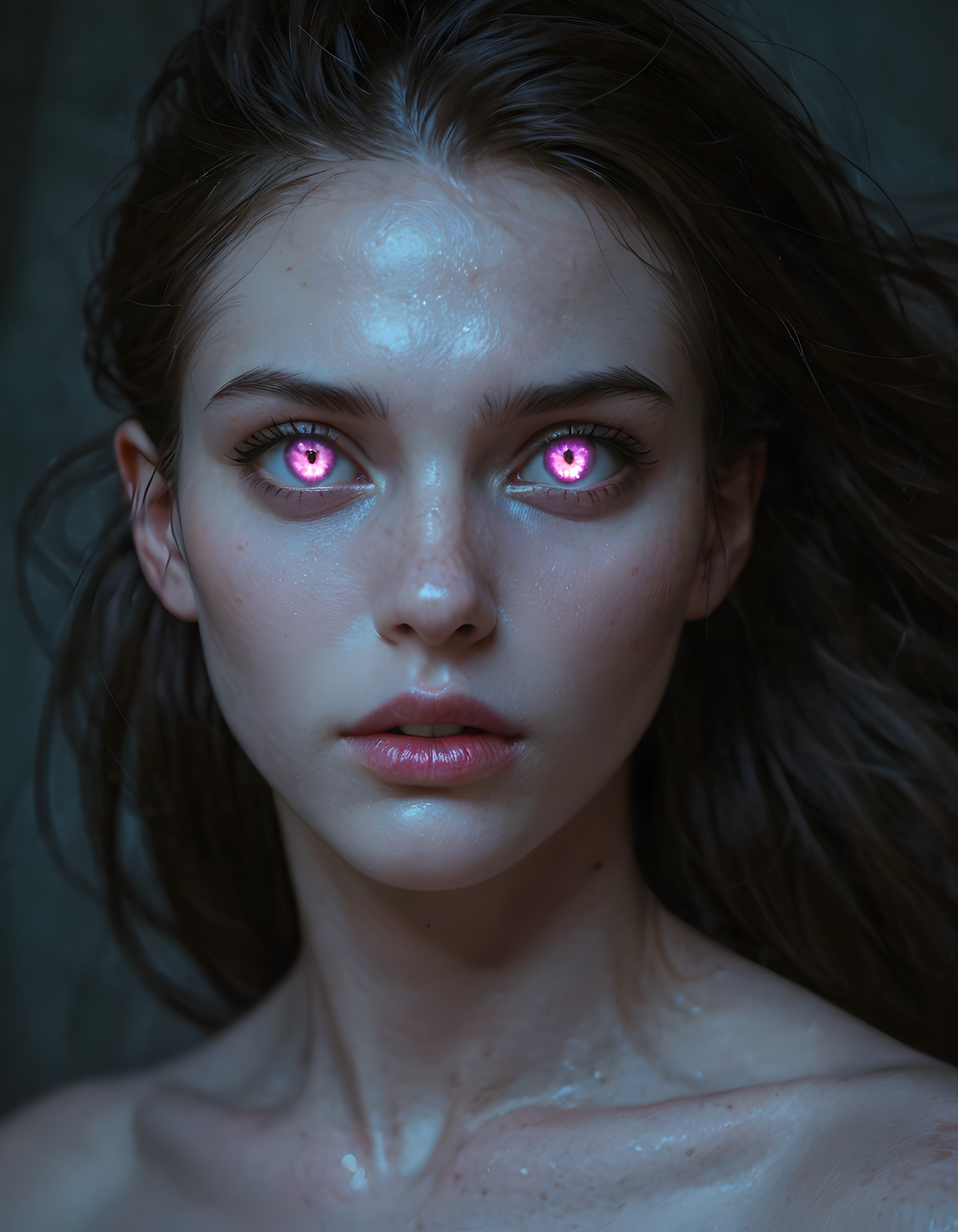 Fantastik Dijital Sanat: Parlayan Pembe Gözleriyle Gizemli ve Büyüleyici Kadın Portresi