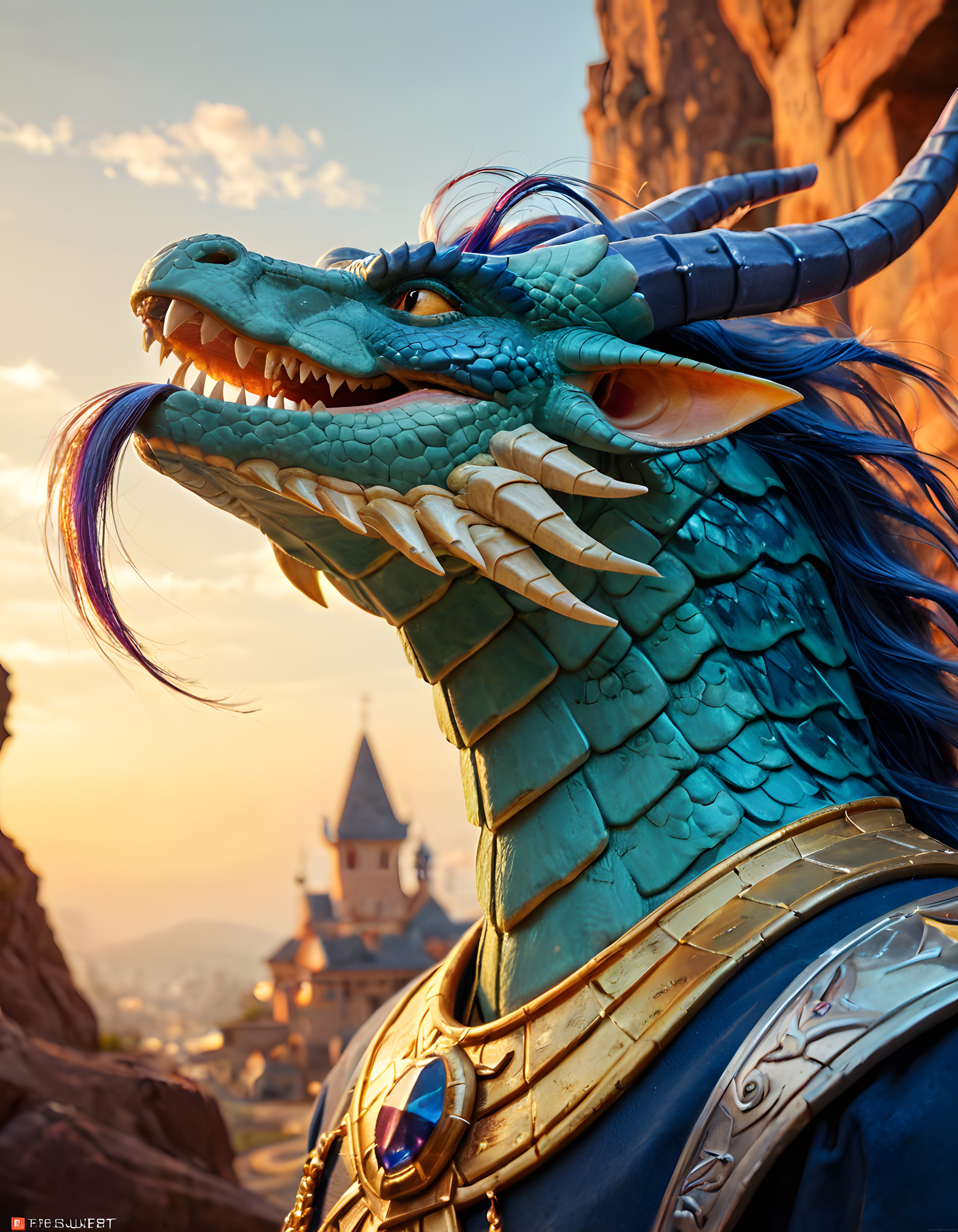 Fantastik Ejderha Savaşçısı: Mavi Saçlı Dev ve Uzakta Görünen Mistik Şato