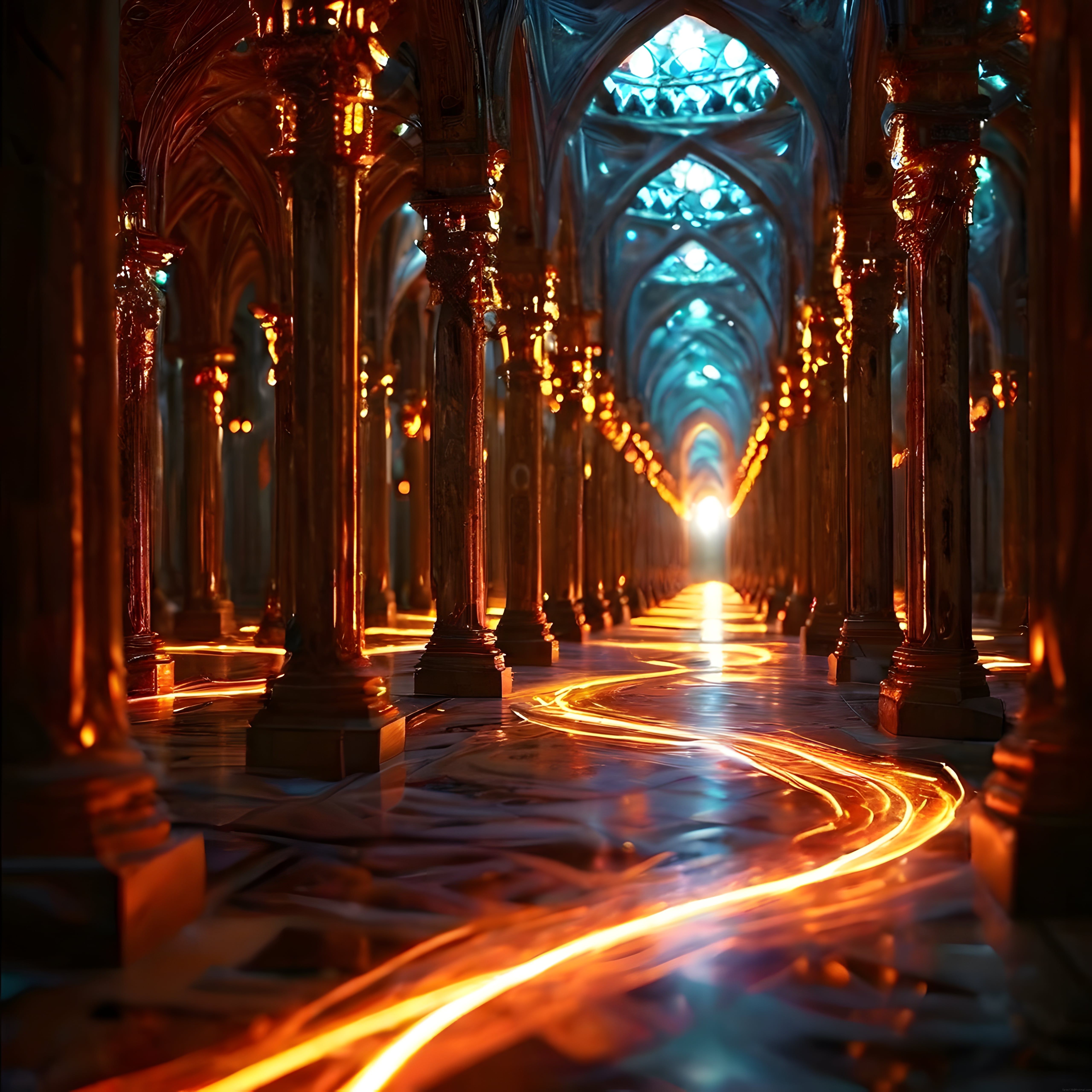 Fantastik Gotik Katedral İçinde Parlayan Işık Yolları ve Büyülü Atmosfer