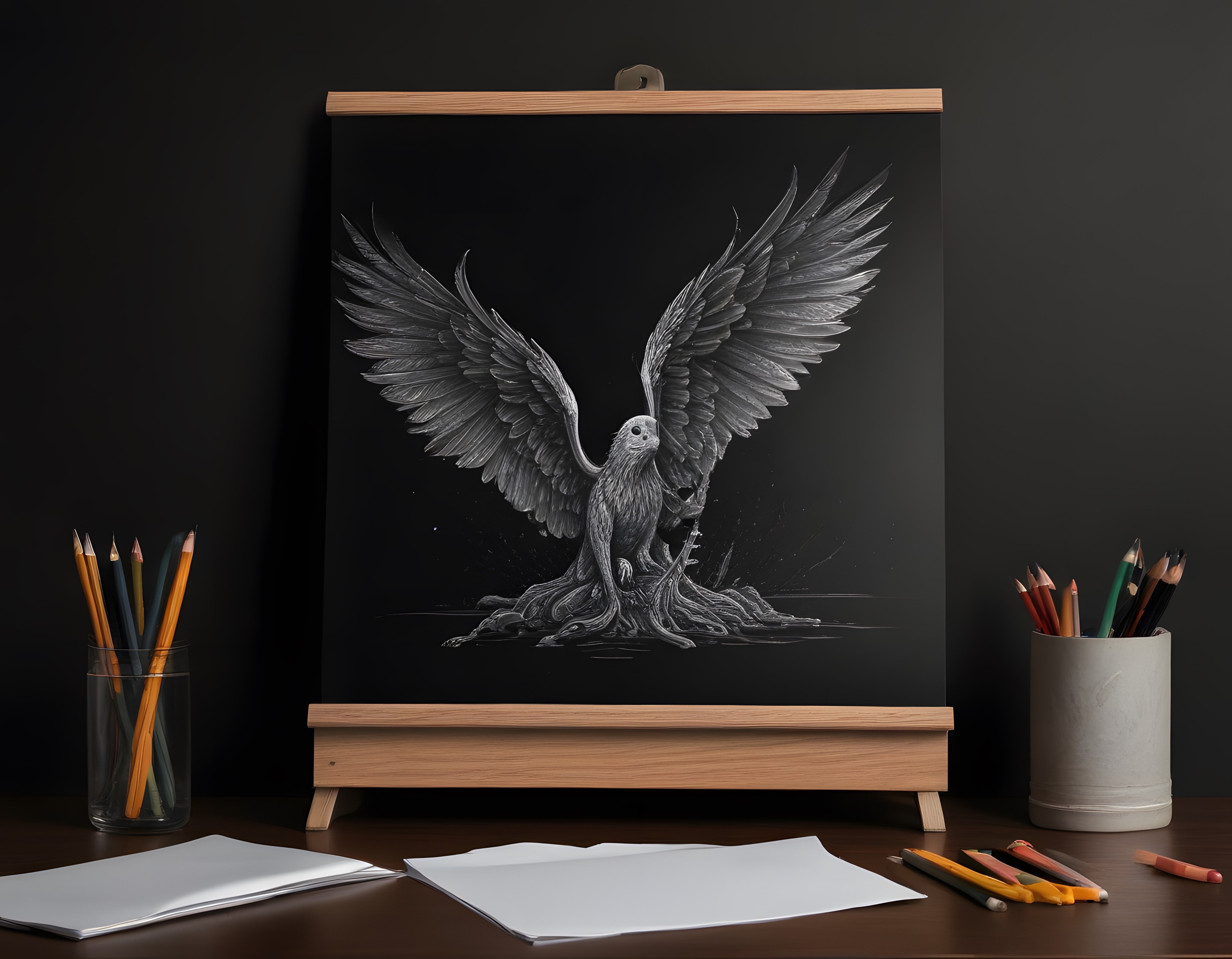 Fantastik kanatlı yaratık illüstrasyonuyla süslenmiş karanlık sanat köşesi