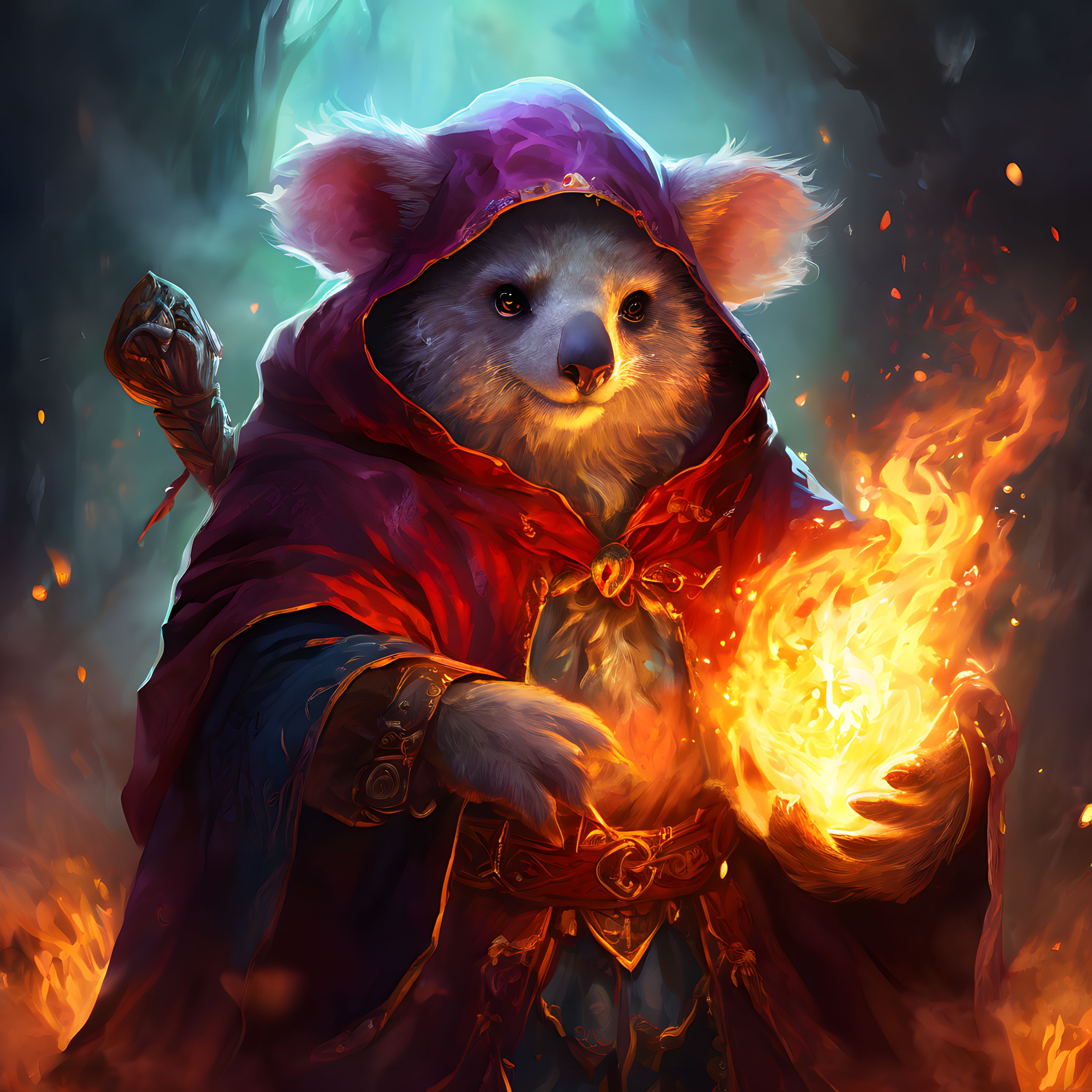 Fantastik Koala Büyücü ve Ateş Topu Büyüsü: Dijital Sanat Eseri