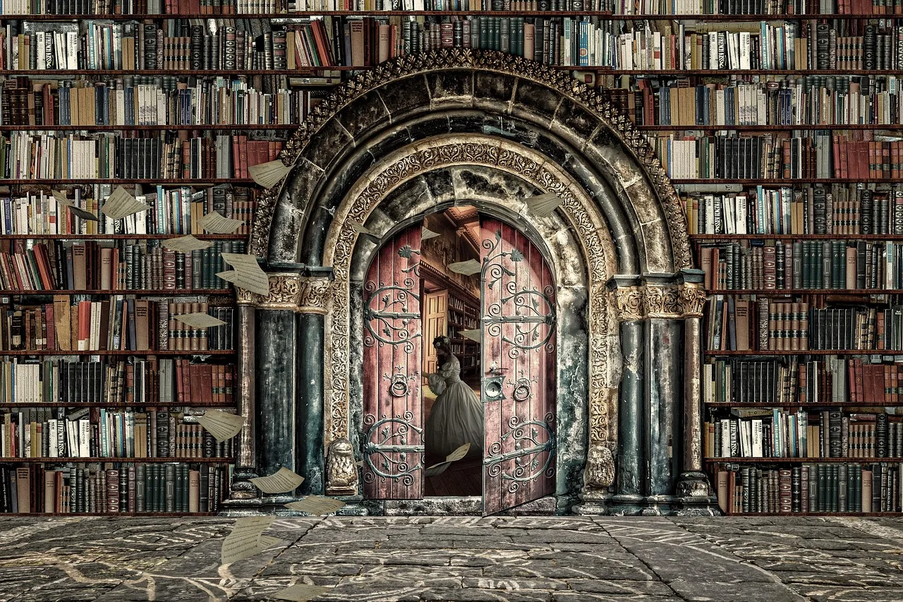 Fantastik kütüphane dijital sanat kadını kitap dolu arka plan