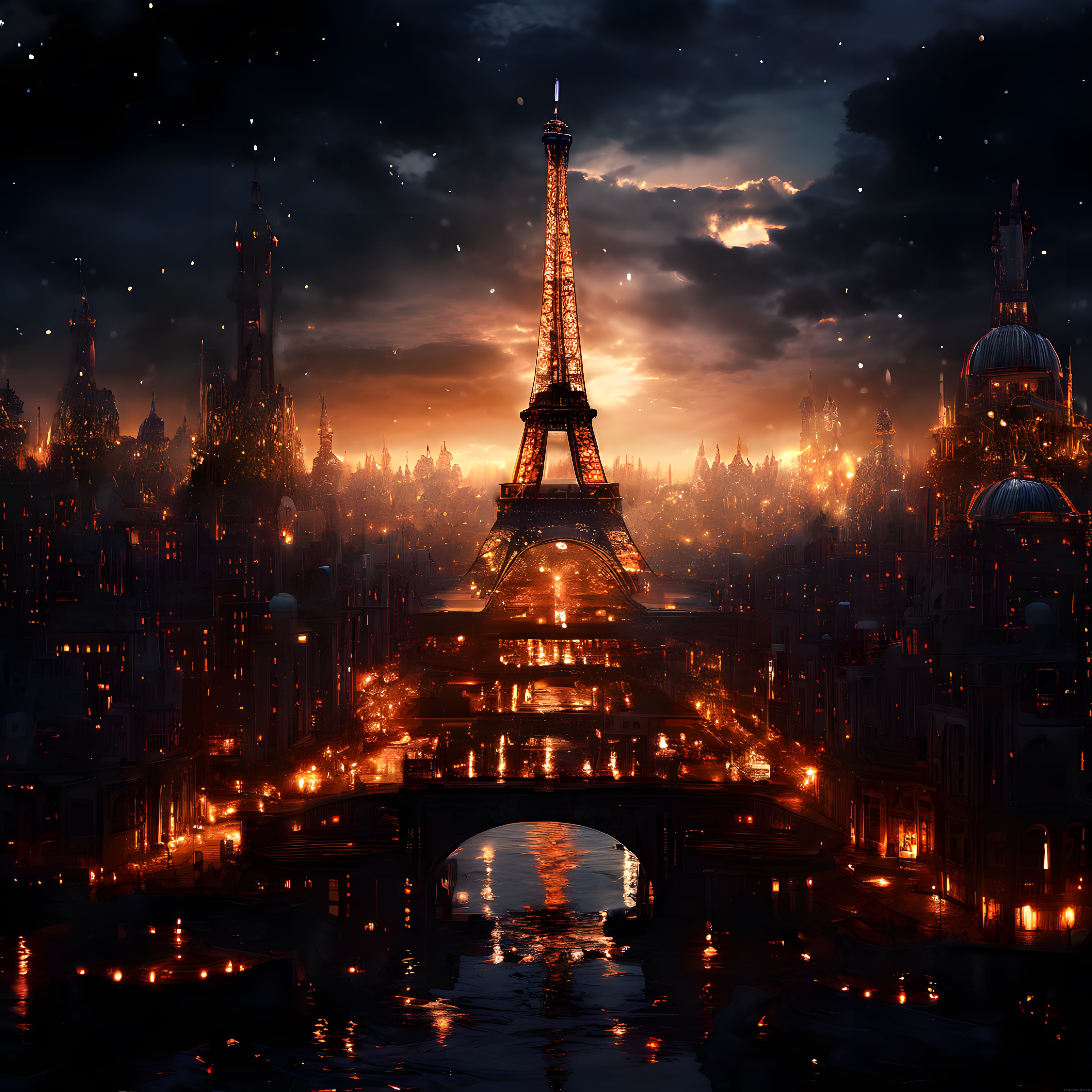Fantastik Paris Gecesi: Eyfel Kulesi ve Işıltılı Dijital Şehir Panoraması