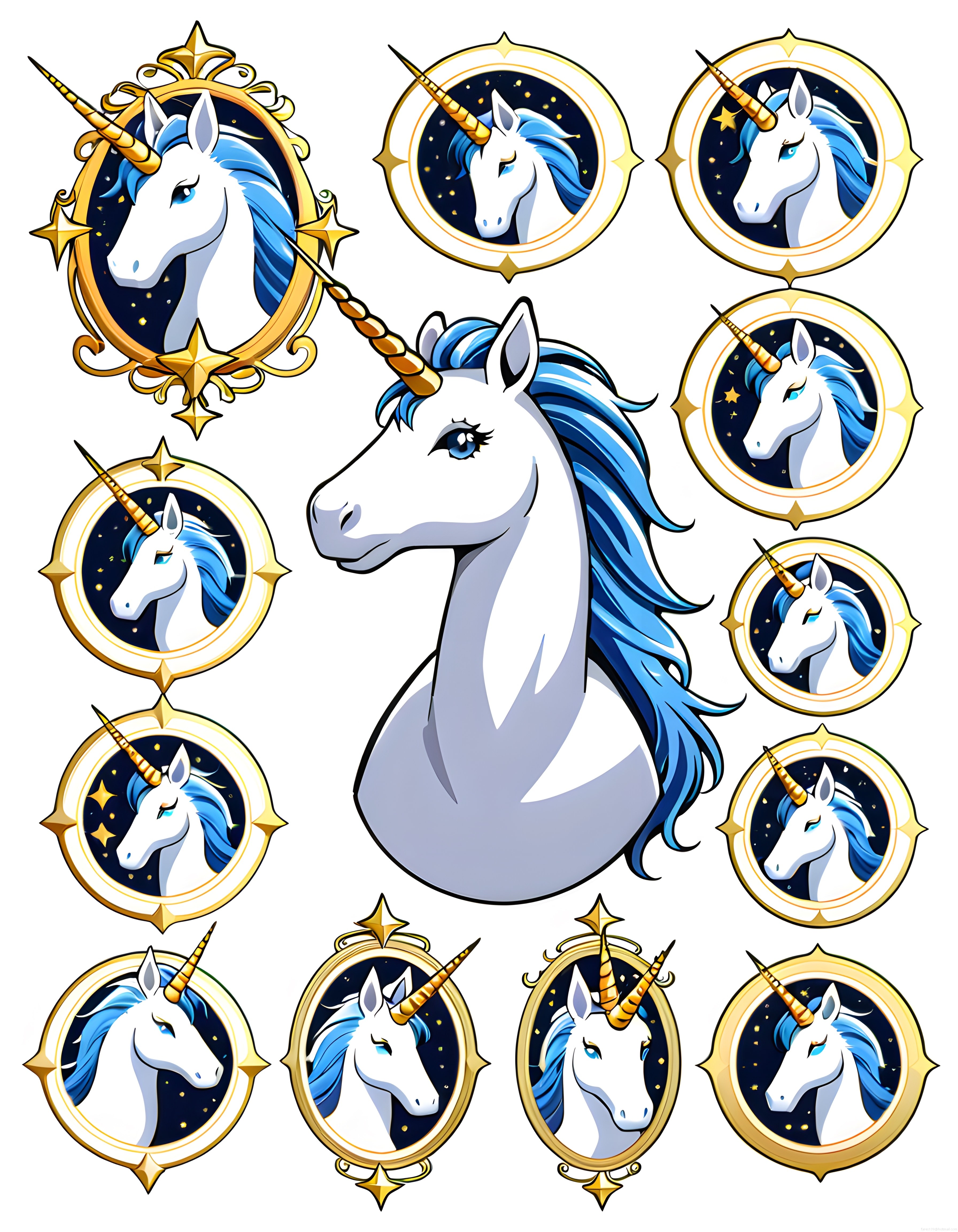 fantastik unicorn başı temalı altın çerçeveli oyun rozet ve ikon seti