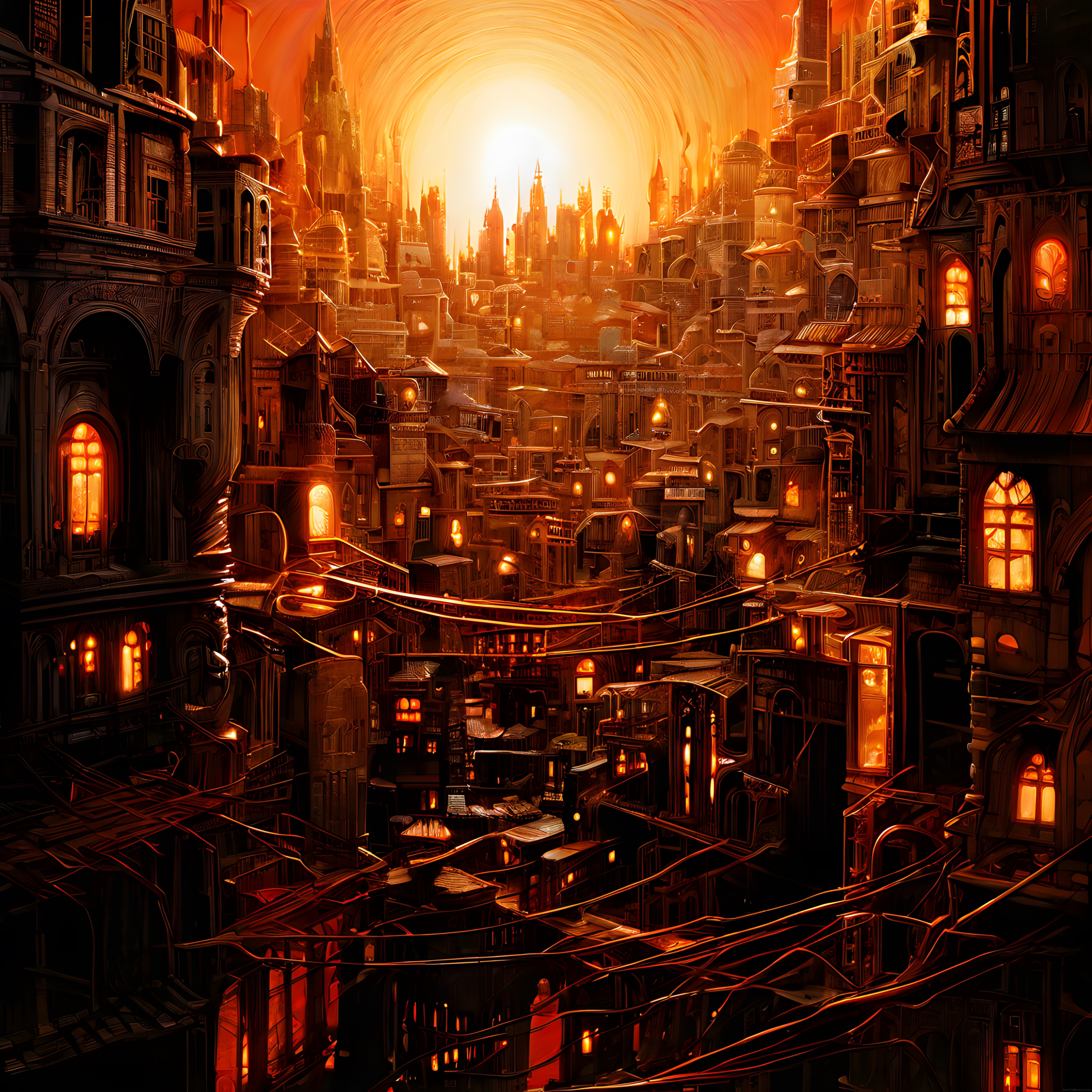Fantastik yer altı steampunk şehri ve amber ışıklı dijital konsept sanatı