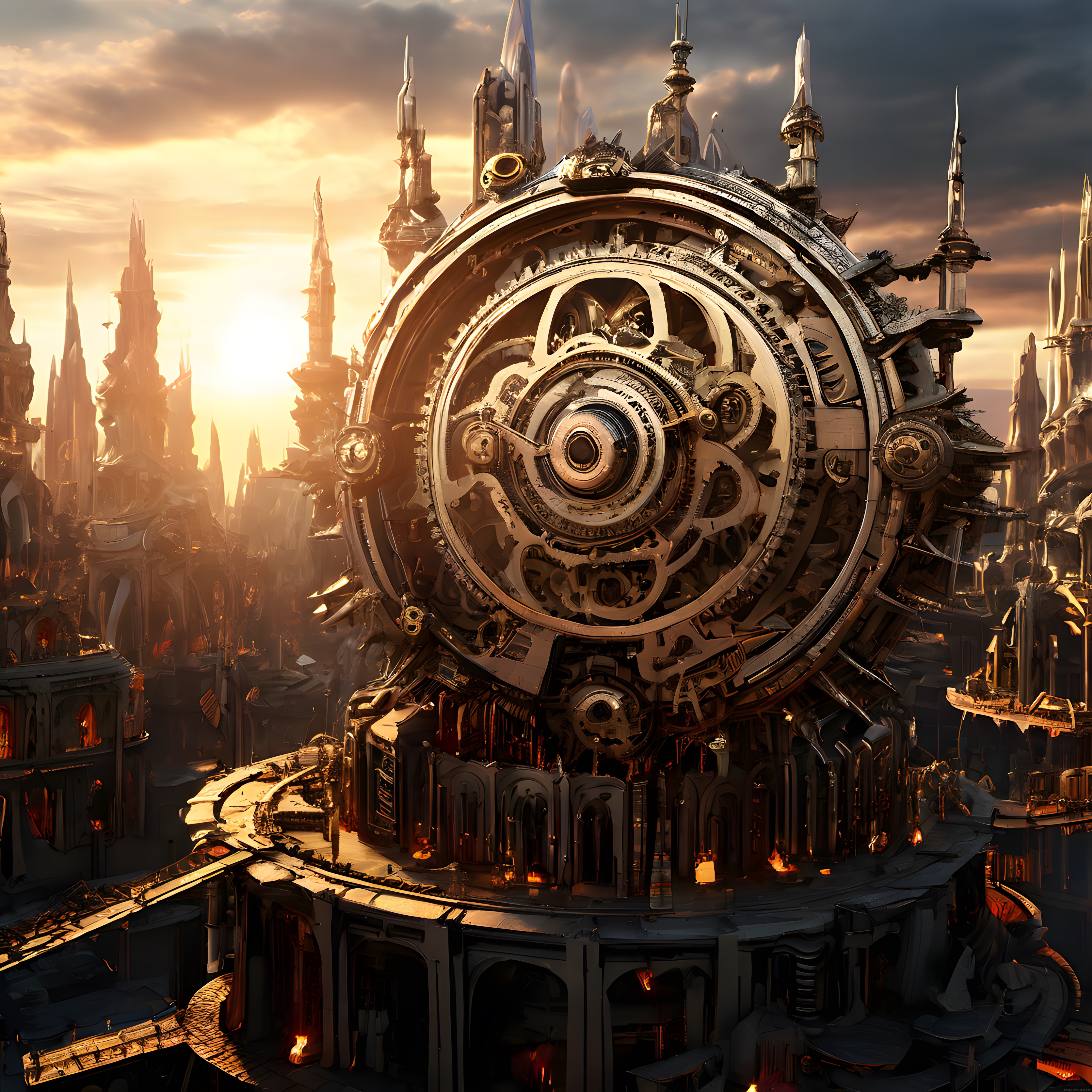 Fantezi Dünyasındaki Devasa Saat Çarkı ve Gotik Steampunk Şehir