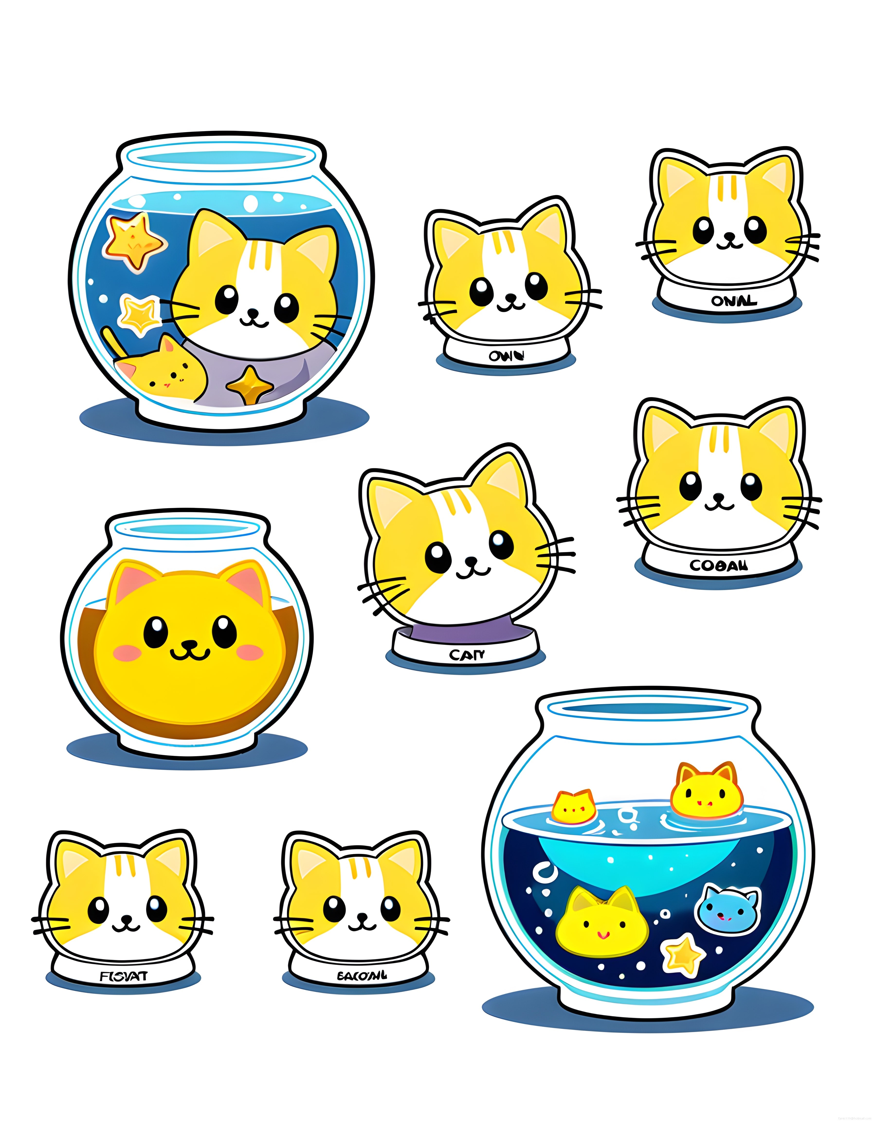 Fanus İçinde Yüzen Sevimli Kedi Balıkları ve Kawaii Biblo Kedi Kafaları