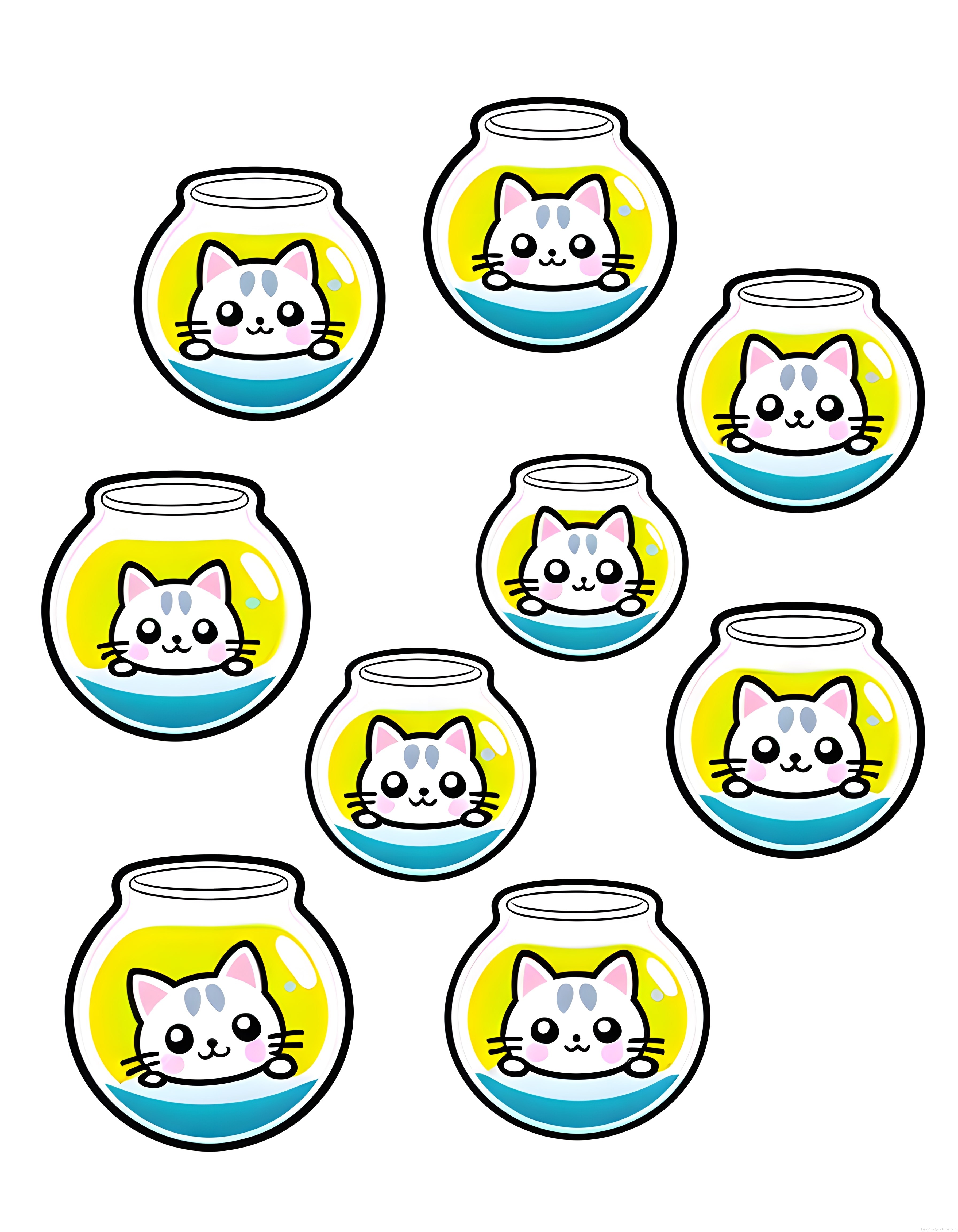 Fanus içindeki sevimli kedi yüzleriyle renkli kawaii vektör çıkartma desenleri