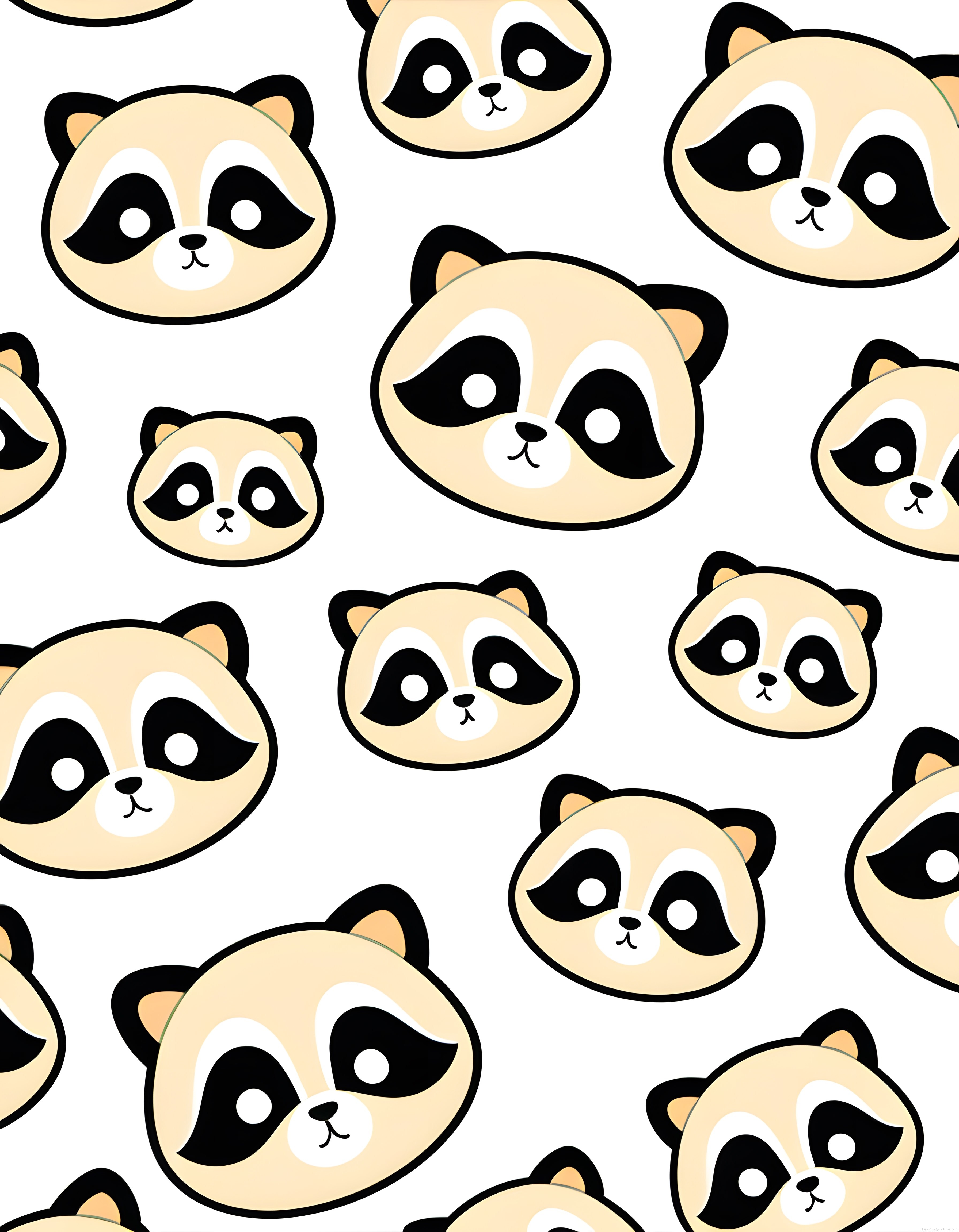 Farklı açılardaki sevimli rakun maskotlarından oluşan kawaii dijital desen