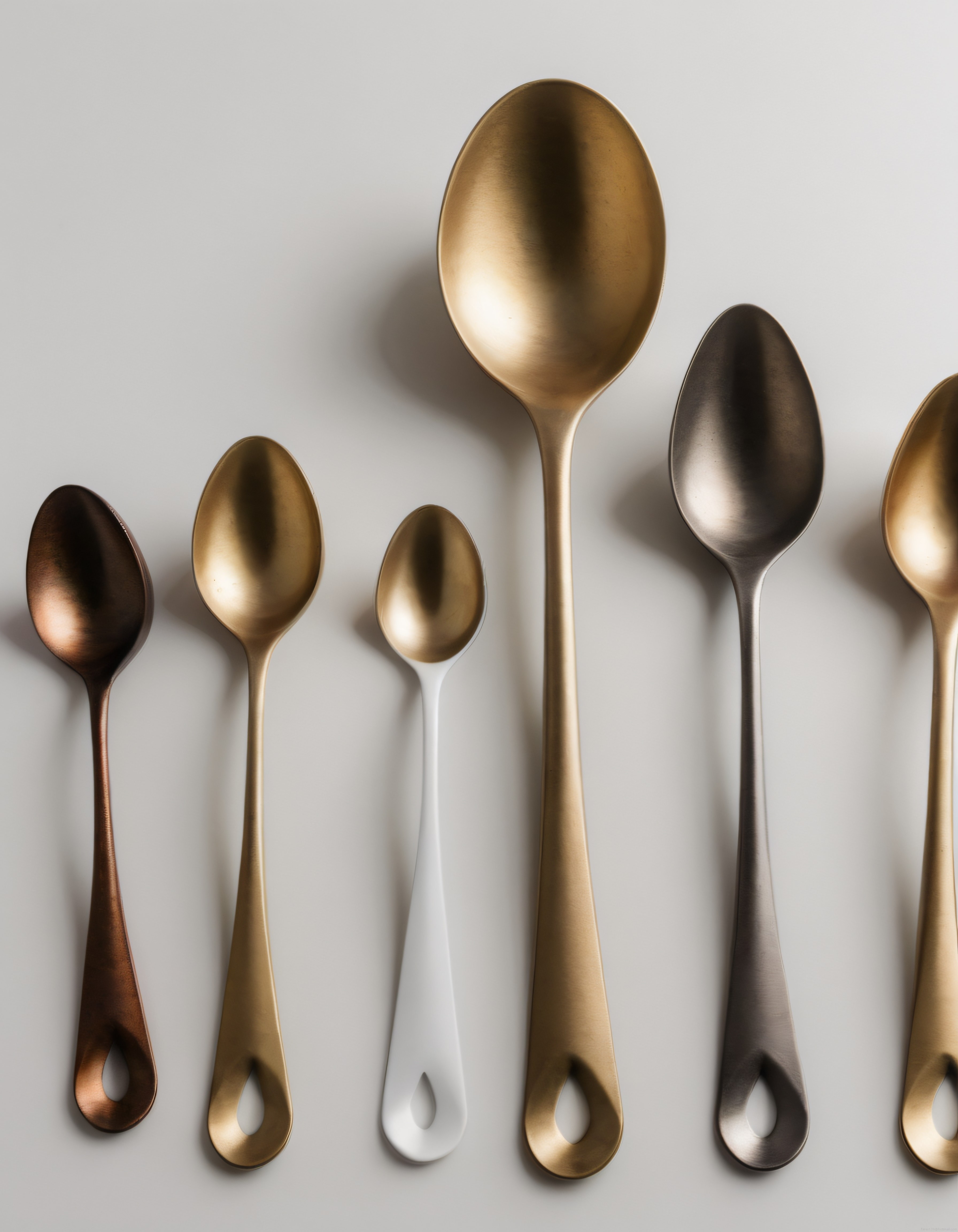 farklı boyutlarda bronz pirinç ve siyah kaplamalı modern kaşık sergisi