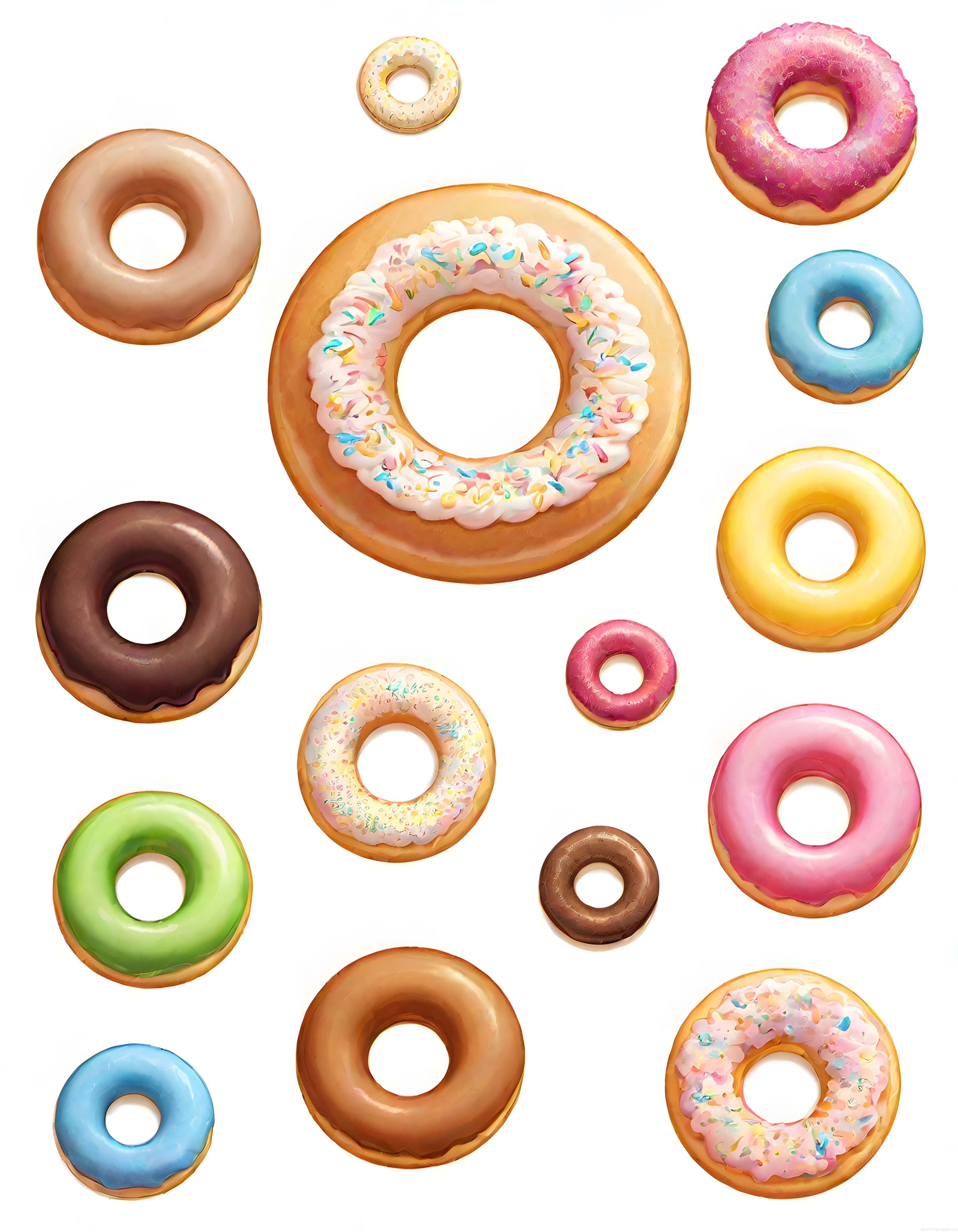 Farklı Boyutlarda Çikolatalı ve Renkli Glazürlü Donut Çeşitleri Sunumu