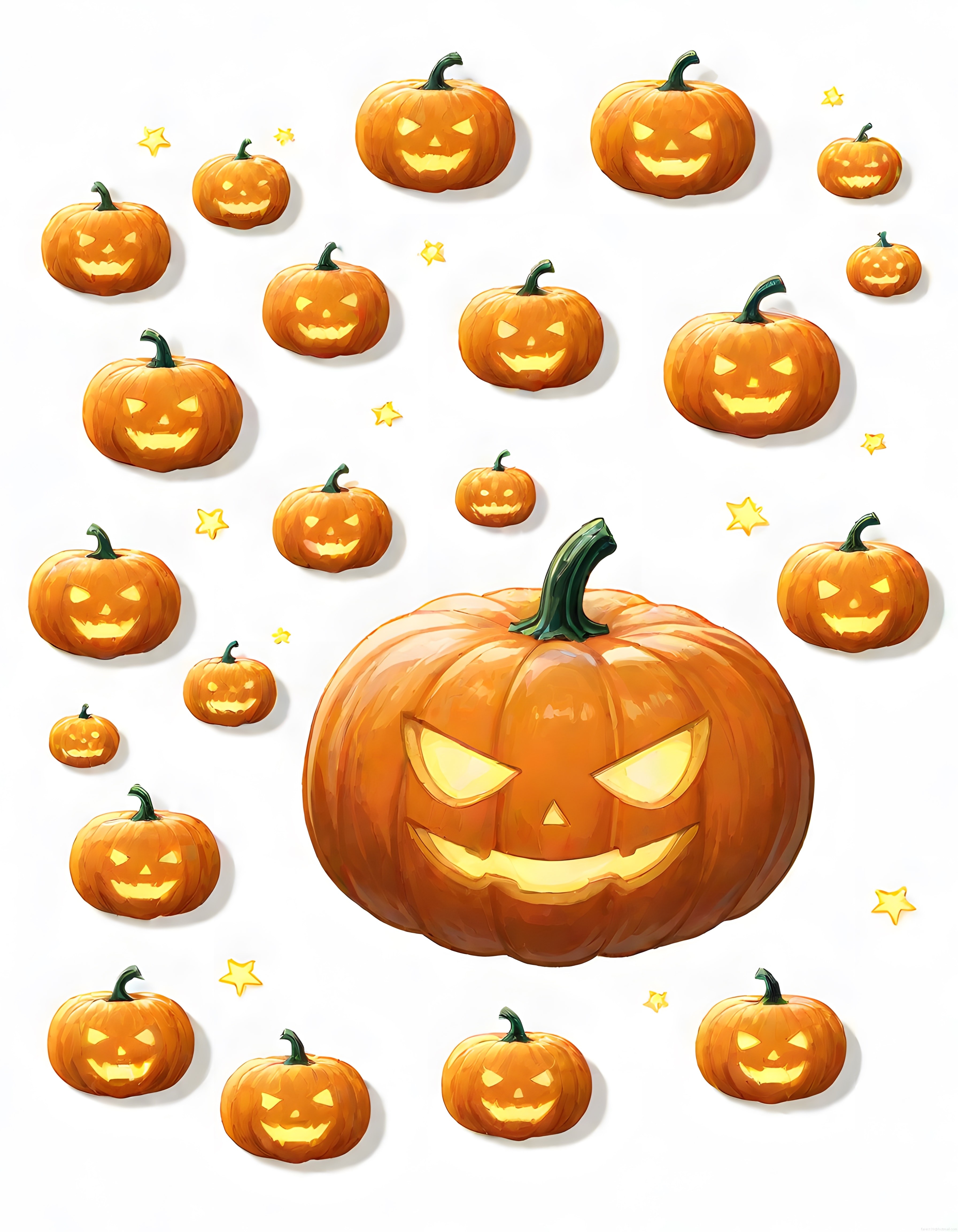 Farklı Boyutlarda Işıldayan Jack-o'-Lantern Balkabakları Dijital İllüstrasyonu