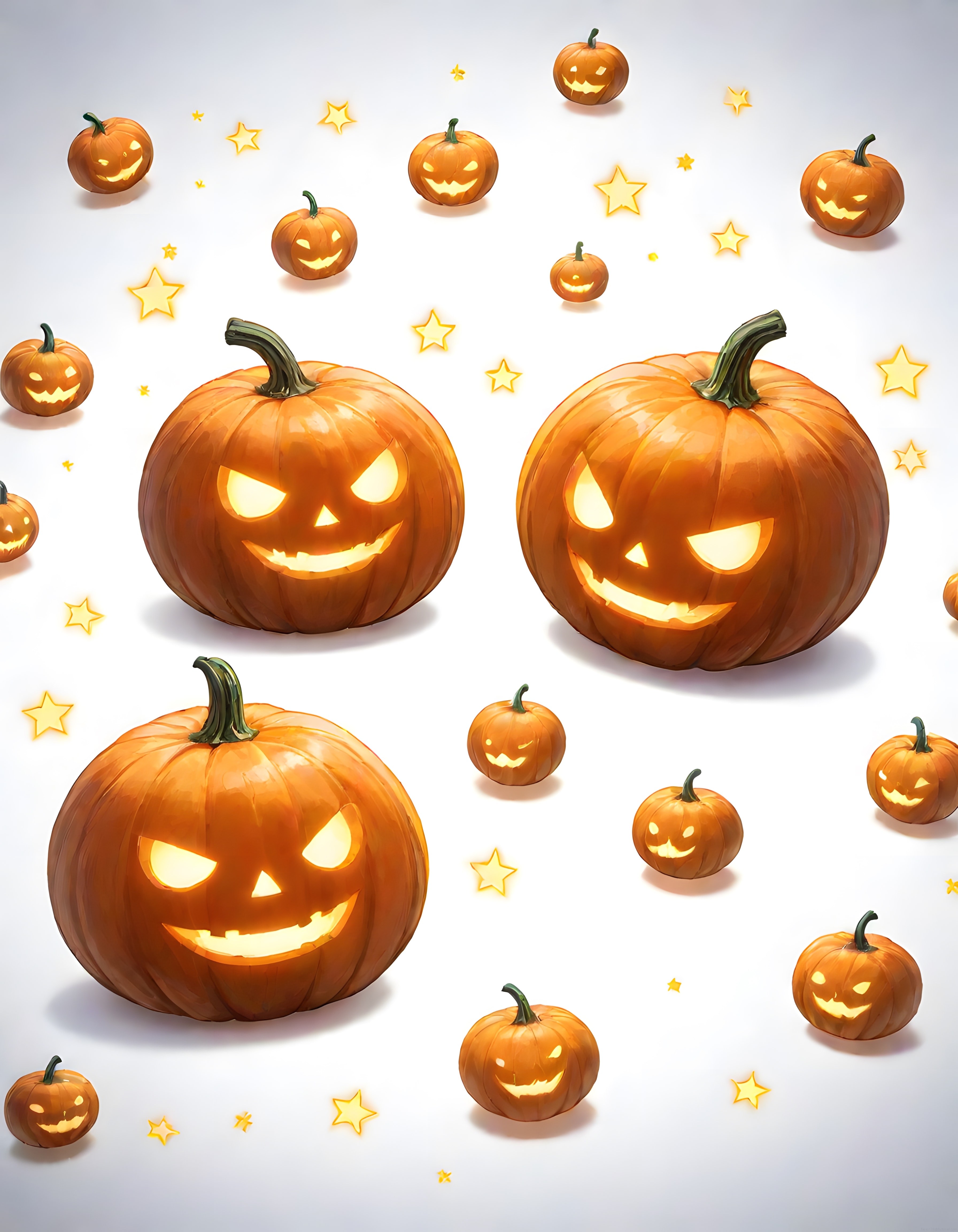 Farklı Boyutlarda Parlayan Yıldızlı Sevimli Halloween Kabakları İllüstrasyonu