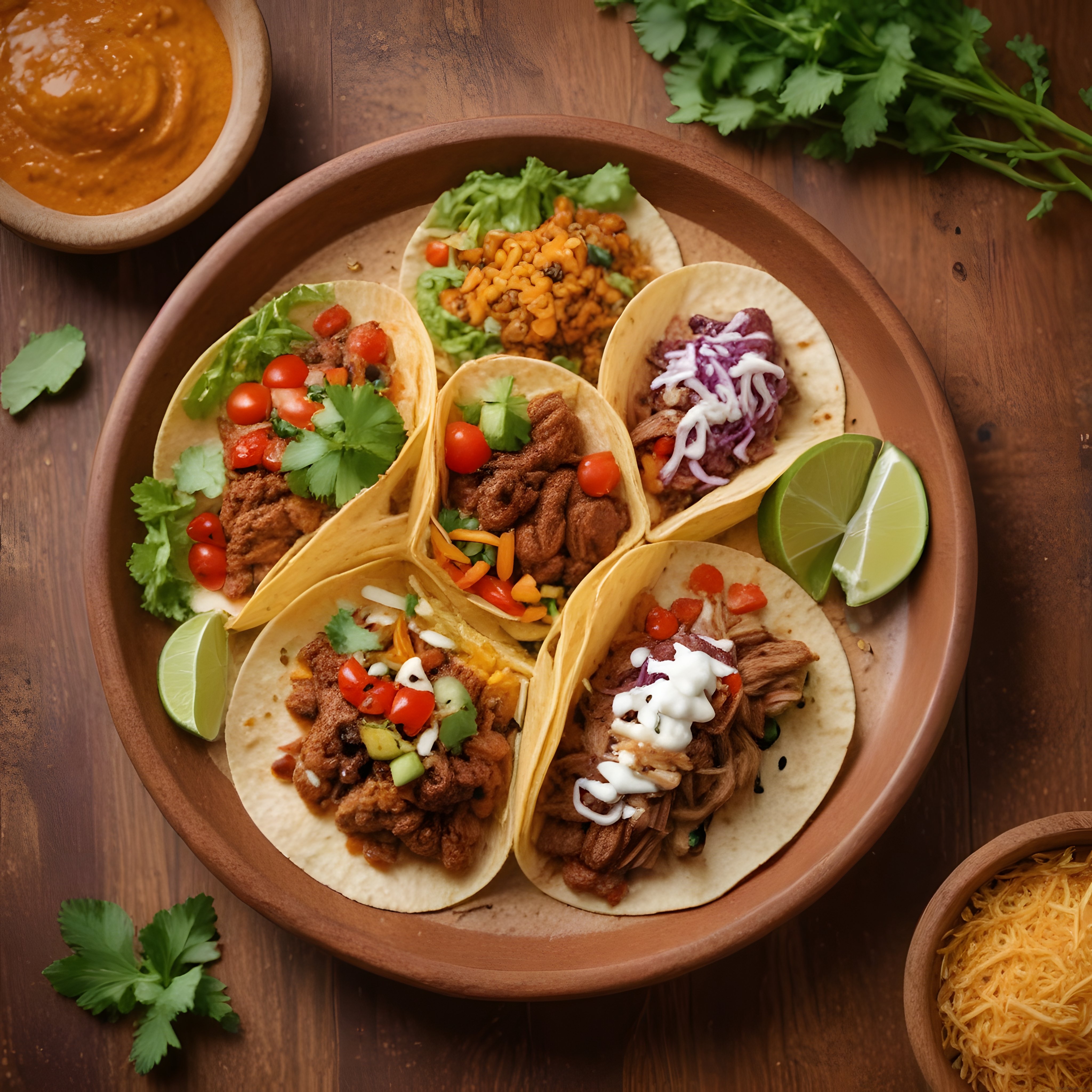 Farklı Dolgularla Süslenmiş Meksika Taco Çeşitleri ve Yan Lezzetler