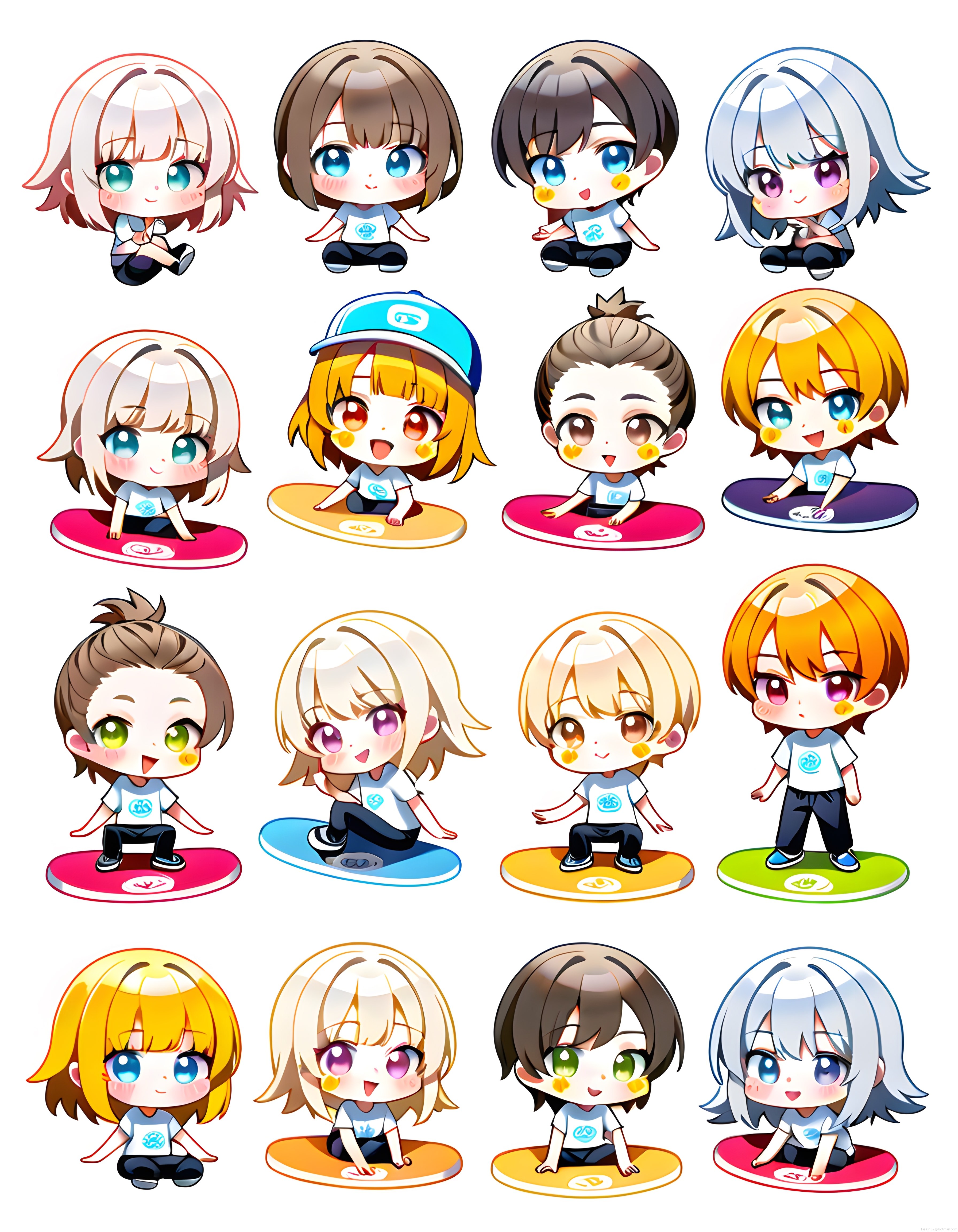 farklı ifadeler ve saç renkleriyle 16 sevimli chibi anime karakter koleksiyonu