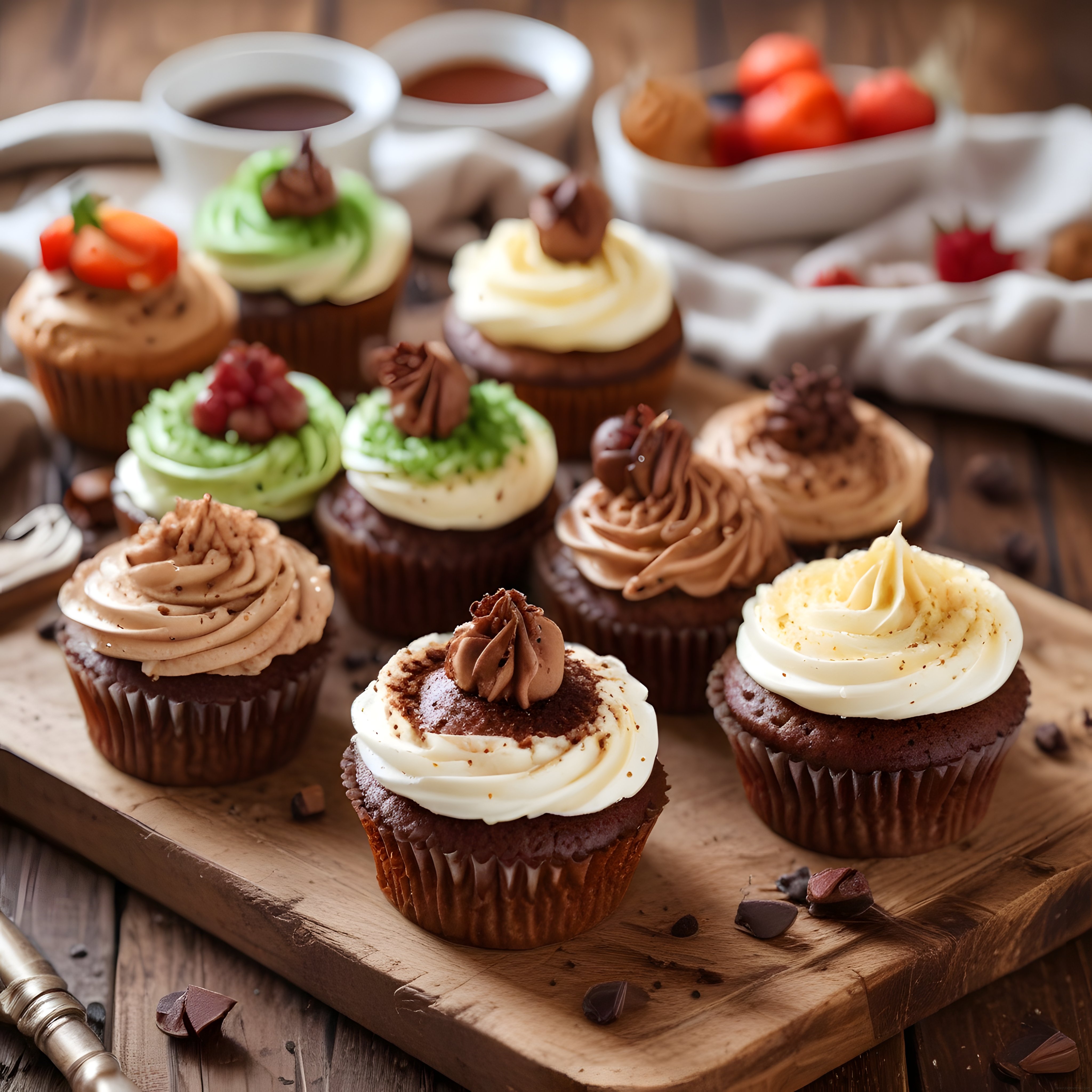 Farklı Kremalarla Süslenmiş Çikolatalı Cupcake'ler ve Rustik Sunum