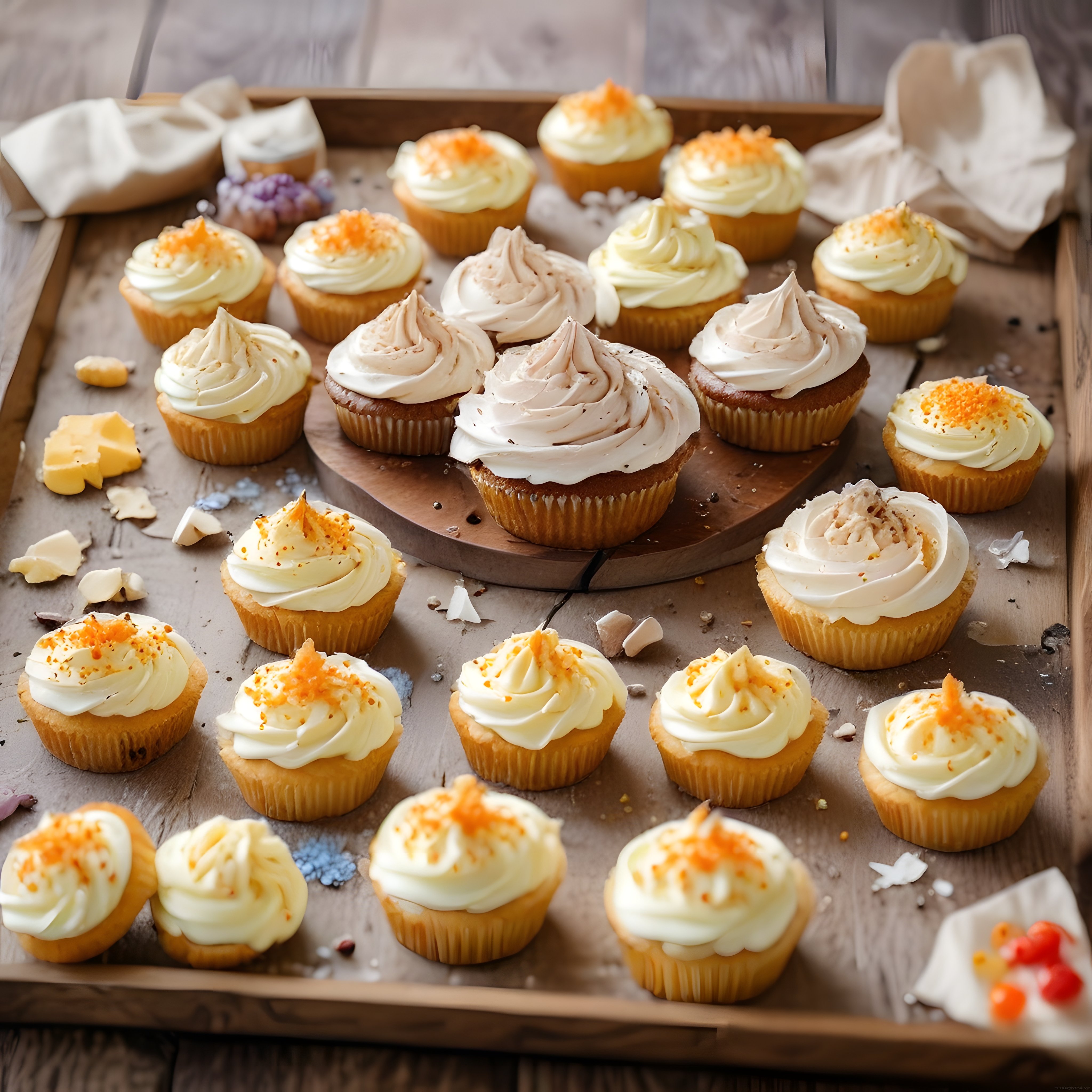 Farklı Kremalı Cupcake ve Muffinlerin Rustik Ahşap Tepsi Sunumu